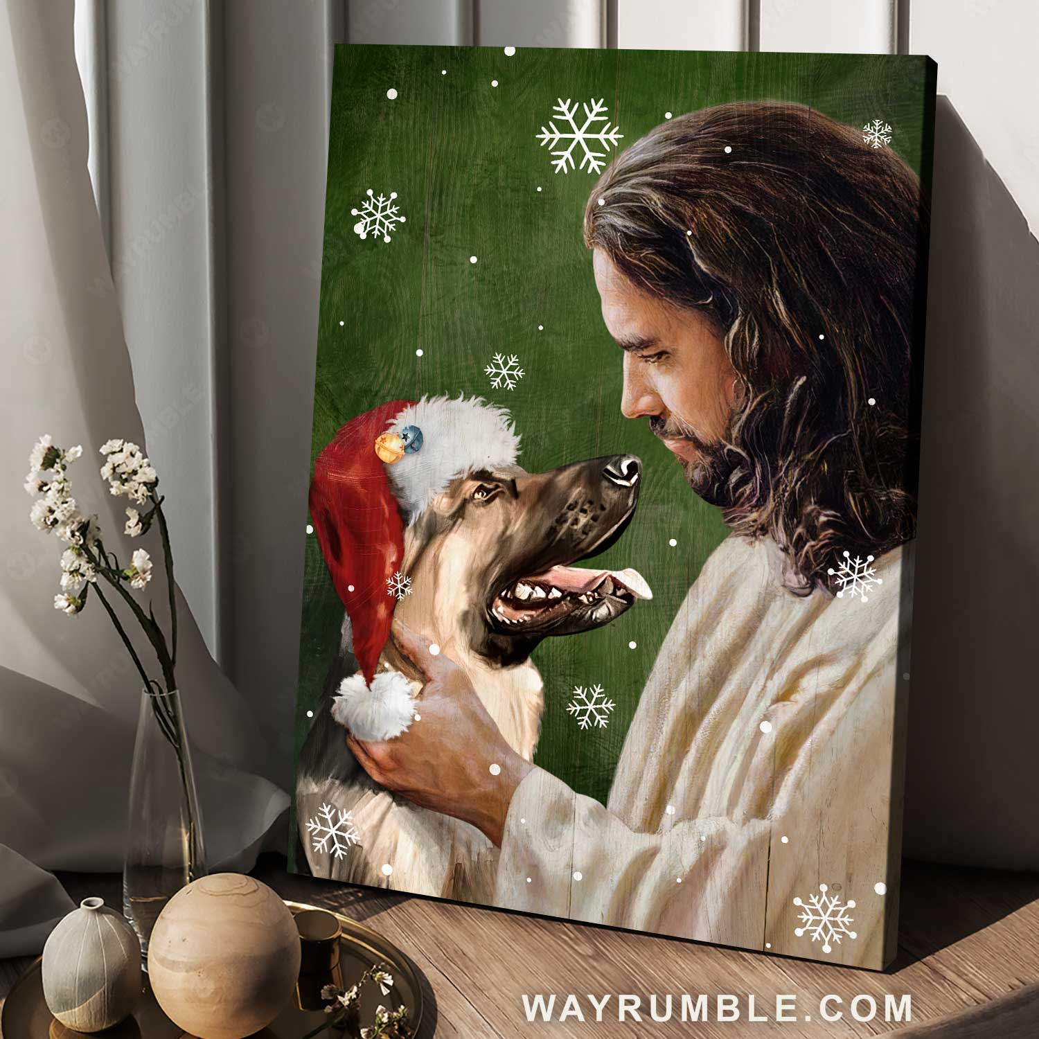 Jesus calls, Christmas hat, Watercolor German Shepherd, White snow - Jesus Portrait Canvas Prints, Home Decor Wall Art