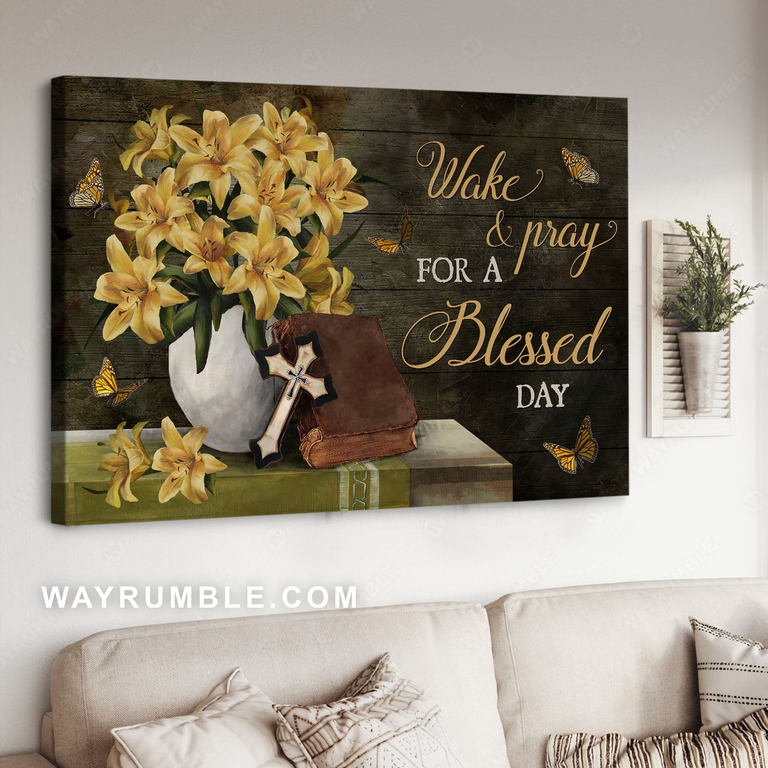 Yellow lily, Bible, Jesus cross, Monarch butterfly, A blessed day - Jesus Landscape Canvas Prints, Christian Wall Art