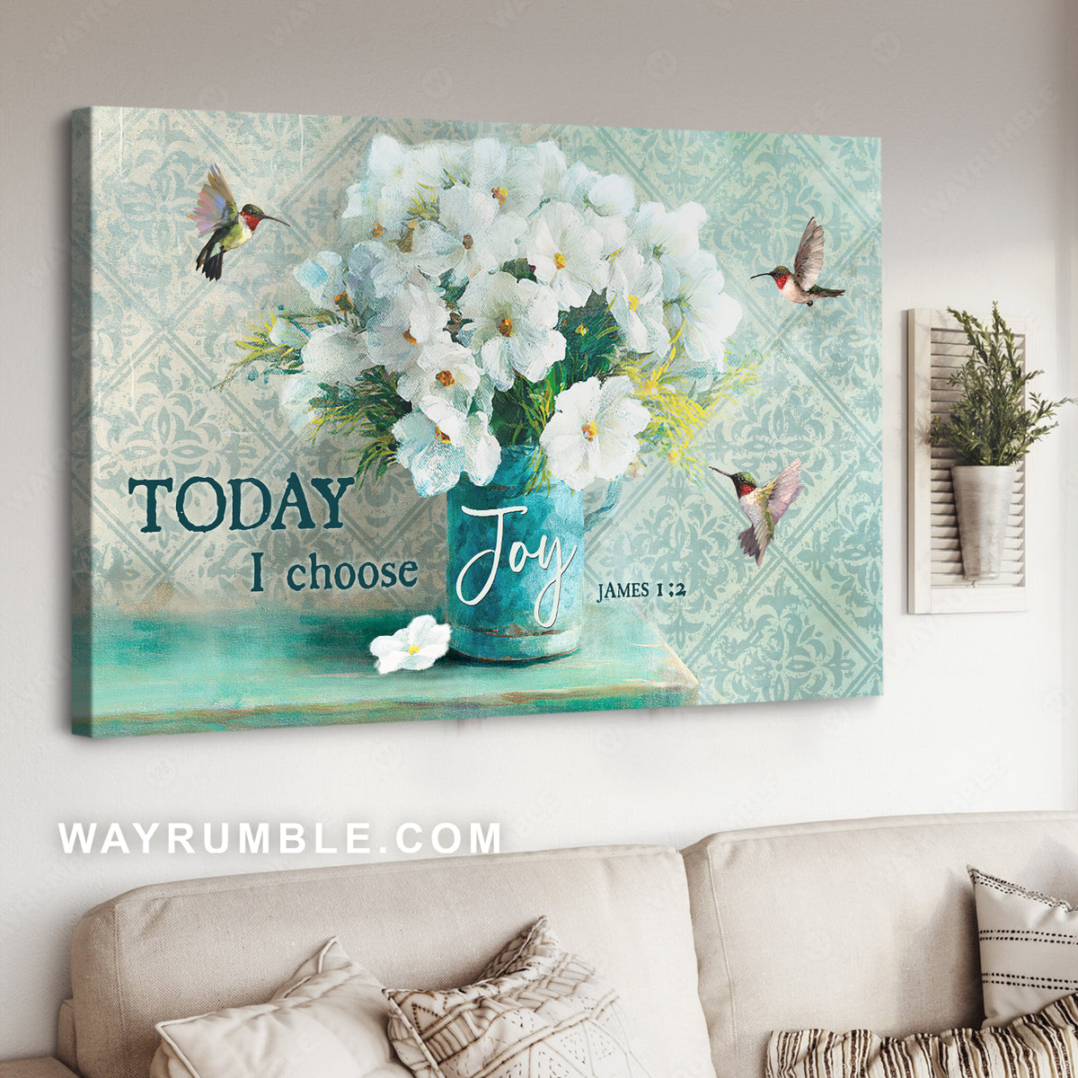 White cosmos, White flowers, Green hummingbirds, Today I choose joy - Jesus Landscape Canvas Prints, Christian Wall Art