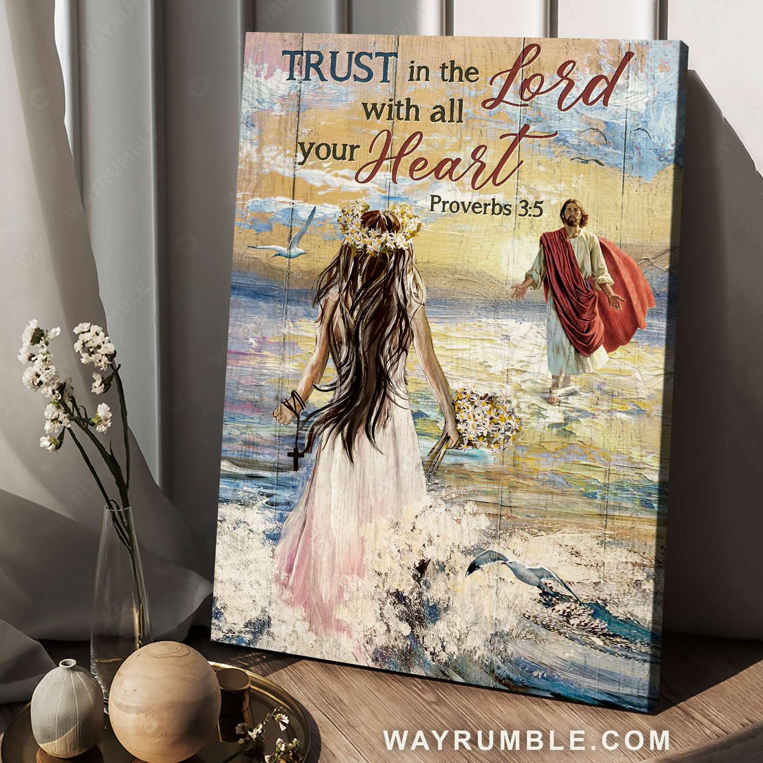 Jesus calls, Beautiful girl, Flower crown, Ocean waves, Trust in the Lord - Jesus Portrait Canvas Prints, Christian Wall Art