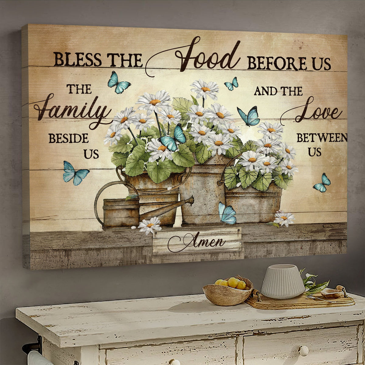 Butterfly, Daisy Flower Vase, Bless the food before us The family beside us - Jesus Landscape Canvas Prints, Wall Art