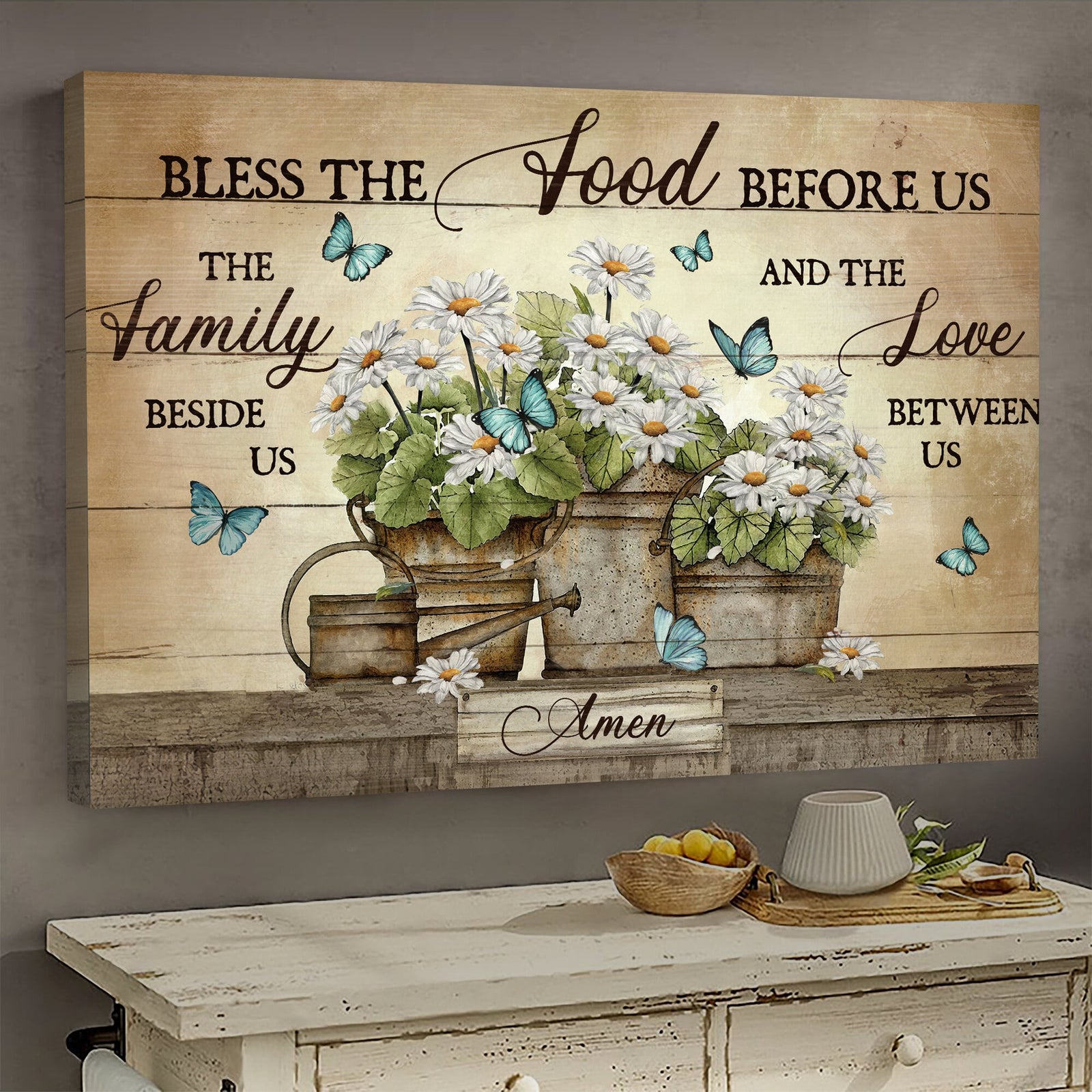 Butterfly, Daisy Flower Vase, Bless the food before us The family beside us - Jesus Landscape Canvas Prints, Wall Art