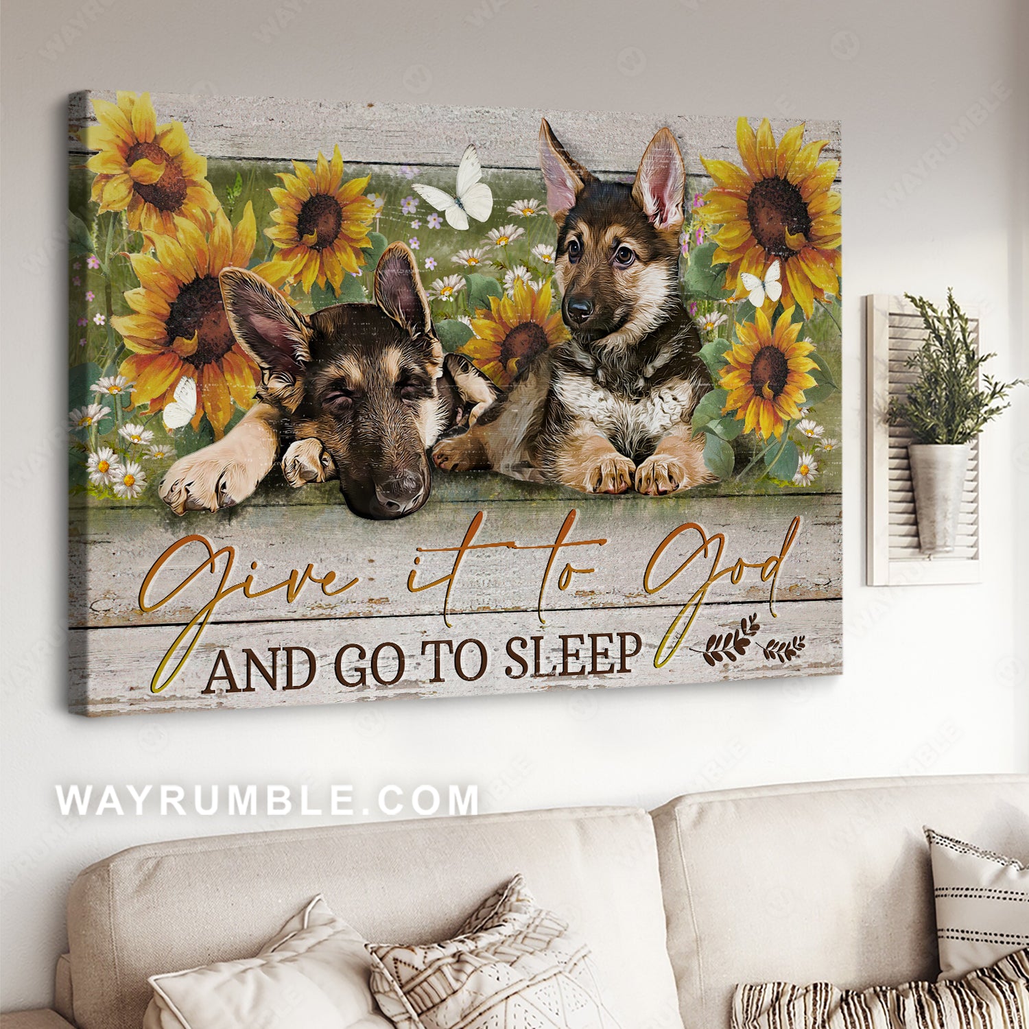 Little German Shepherd, Flower garden, Give it to God and go to sleep - Jesus Landscape Canvas Prints, Christian Wall Art