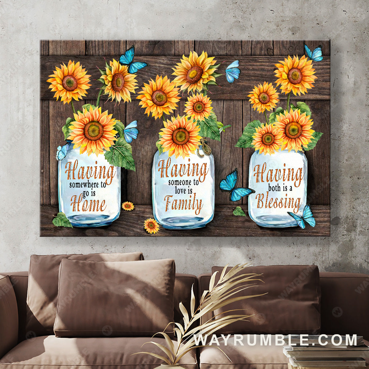 Sunflower painting, Mason jar, Blue butterfly, Having home and family is a blessing - Jesus Landscape Canvas Prints, Christian Wall Art