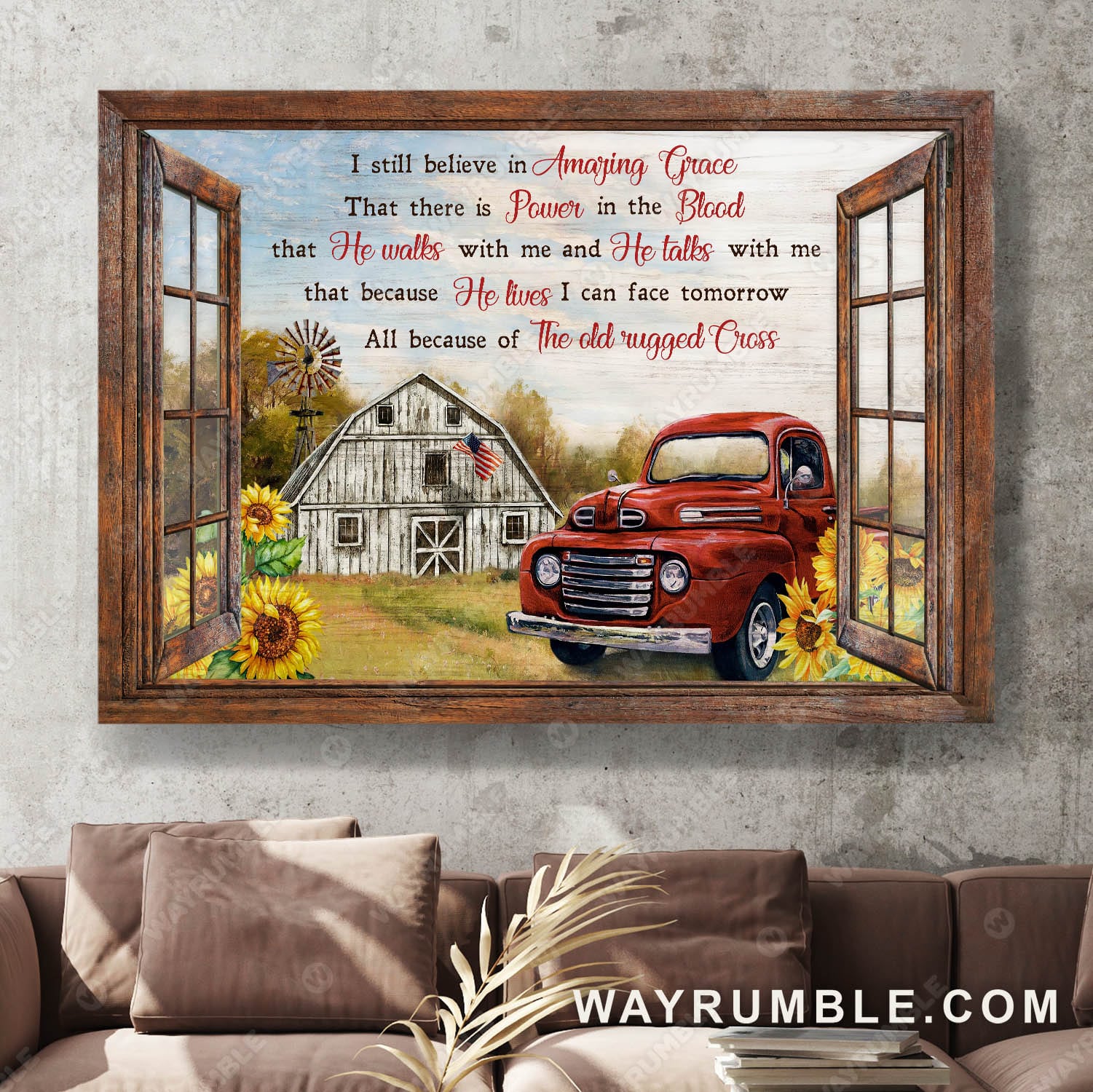 Sunflower farm, Red ladybug car, Vintage house, I still believe in amazing grace - Jesus Landscape Canvas Prints, Wall Art