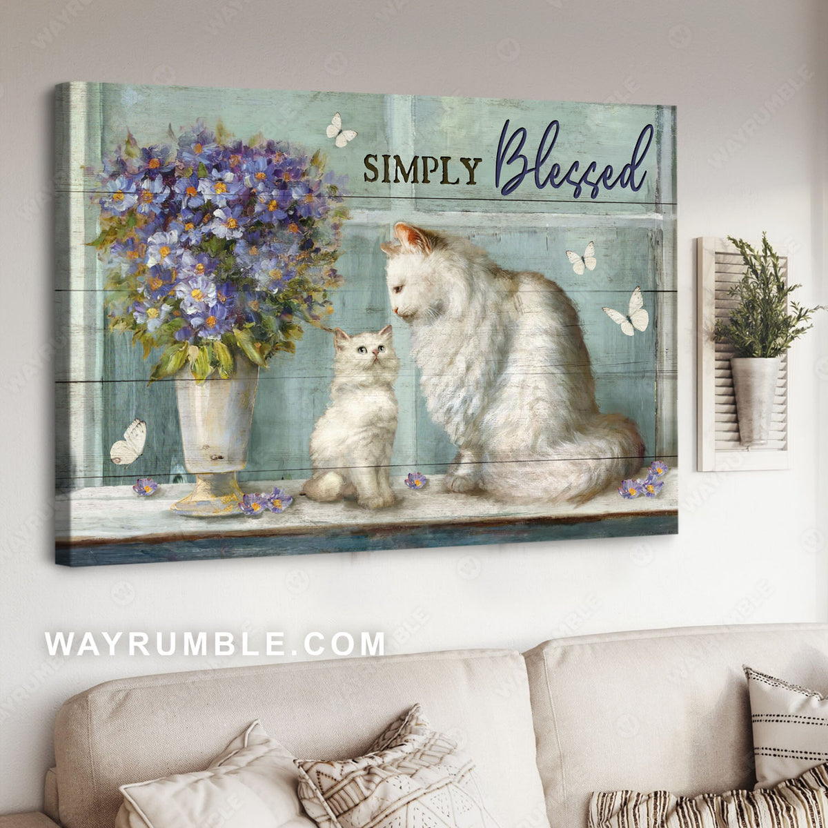 White kitten, Mom cat, Blue daisy, Simply blessed - Jesus Landscape Canvas Prints, Christian Wall Art
