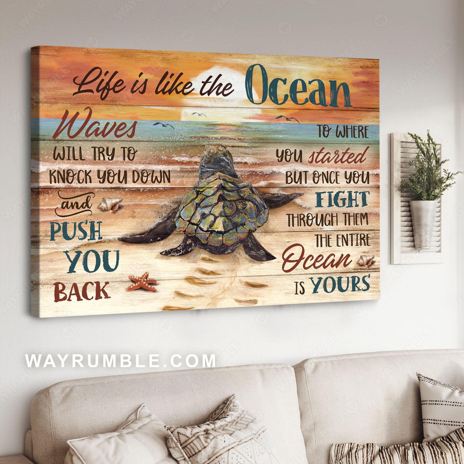 Stunning sea turtle, Orange sunset, Life is like the ocean - Jesus Landscape Canvas Prints, Christian Wall Art