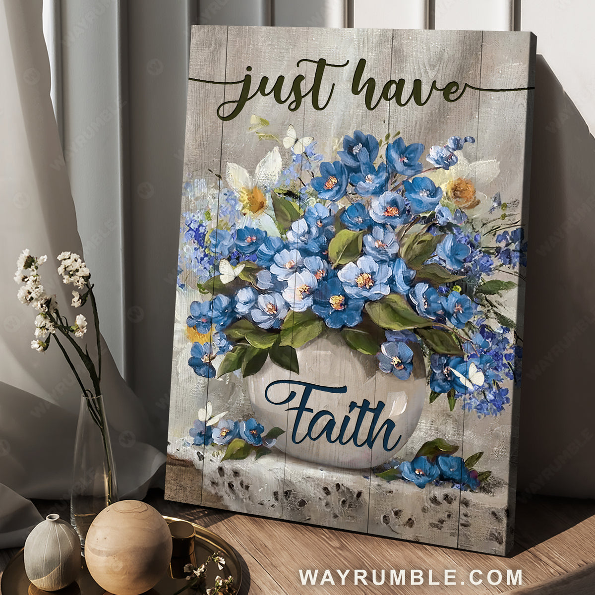 Gift for flower lover, Blue flower, Pretty butterfly, Just have faith - Jesus Portrait Canvas Prints, Home Decor Wall Art