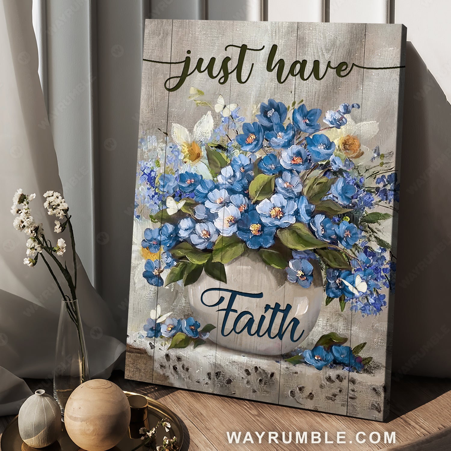 Gift for flower lover, Blue flower, Pretty butterfly, Just have faith - Jesus Portrait Canvas Prints, Home Decor Wall Art