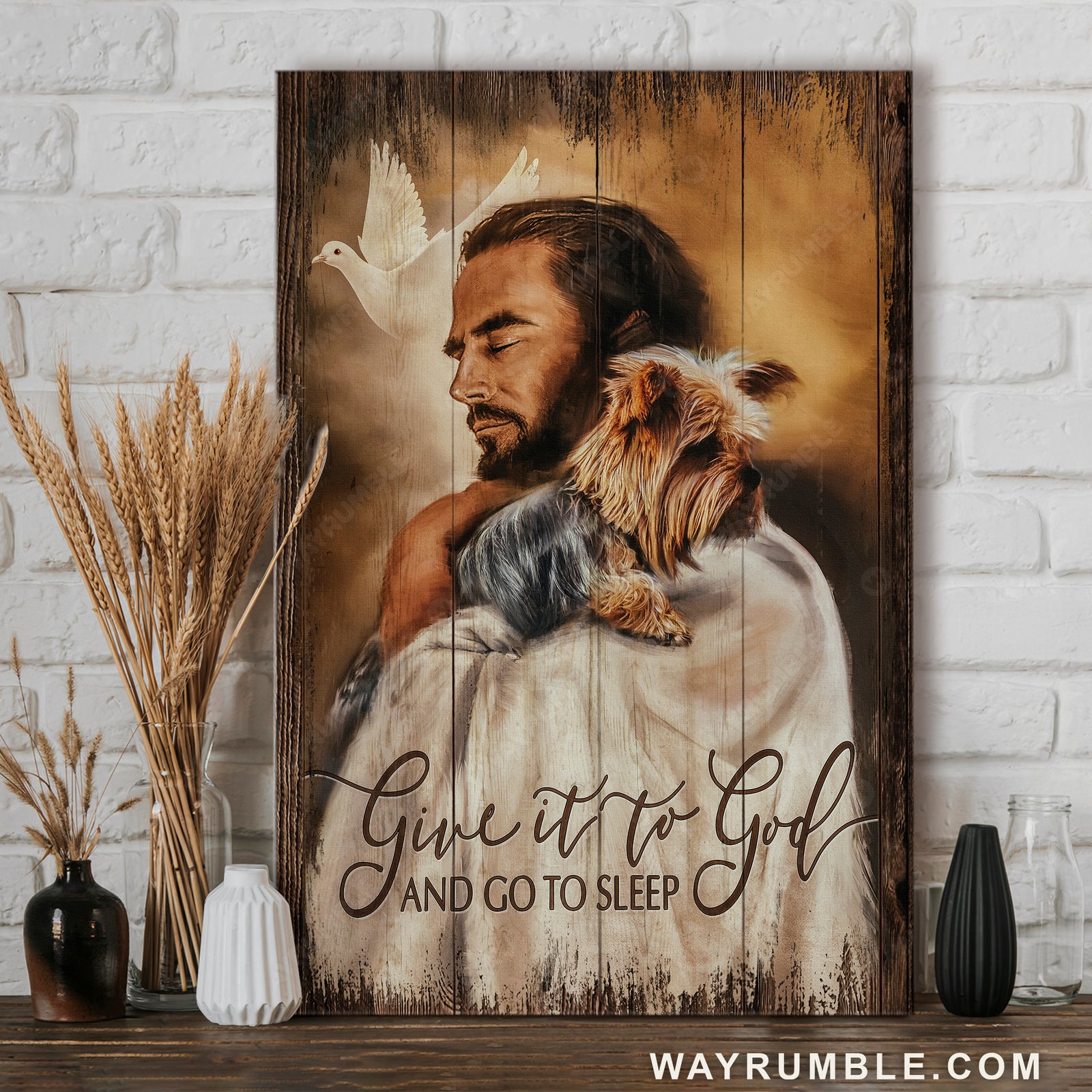 Jesus hug, Yorkshire terrier, Peace dove, Give it to God - Jesus Portrait Canvas Prints, Christian Wall Art