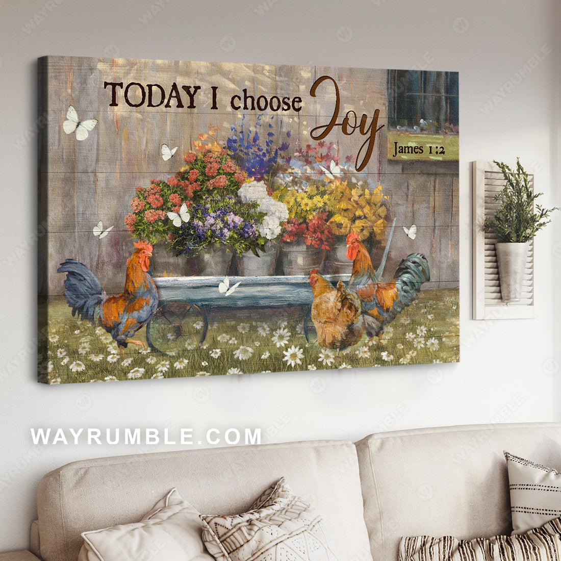 Rooster painting, Colorful flower, Daisy garden, Today I choose joy - Jesus Landscape Canvas Prints, Christian Wall Art