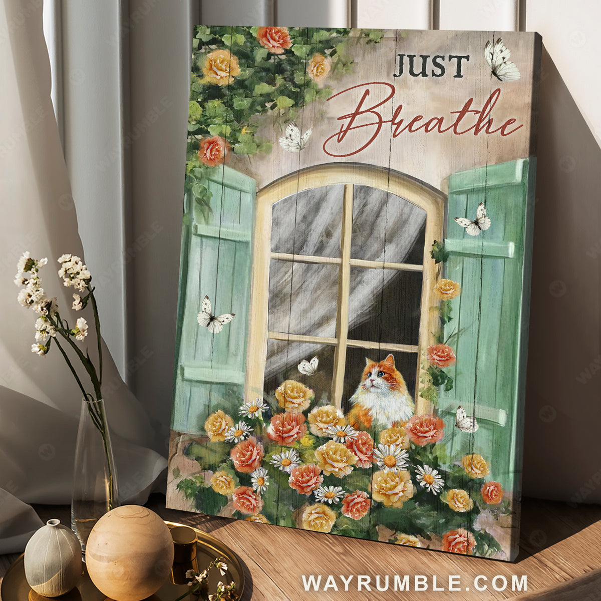 Cat looking out window, Yellow rose, Pink rose, Just breathe - Jesus Portrait Canvas Prints, Christian Wall Art