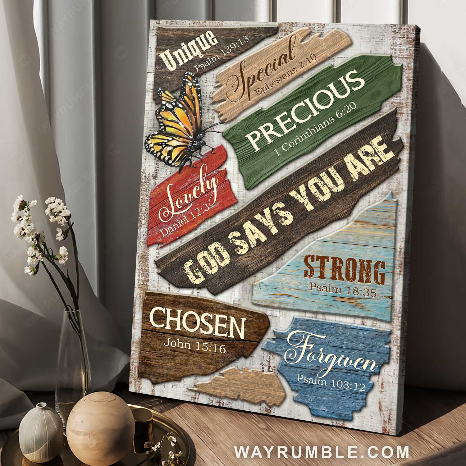 Colorful background, Monarch butterfly, God says you are unique - Jesus Portrait Canvas Prints, Home Decor Wall Art