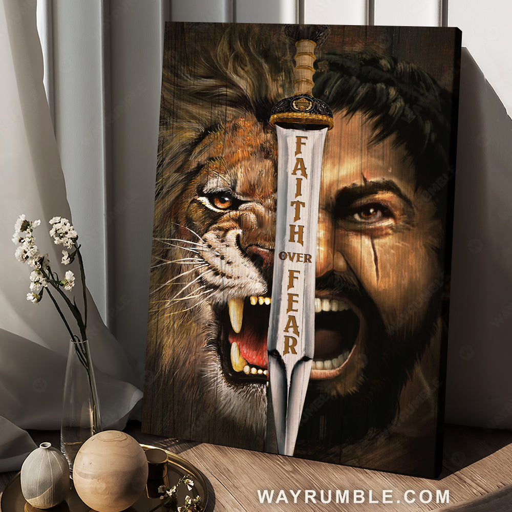 Stunning Jesus painting, Angry lion, Faith over fear - Jesus Portrait Canvas Prints, Christian Wall Art