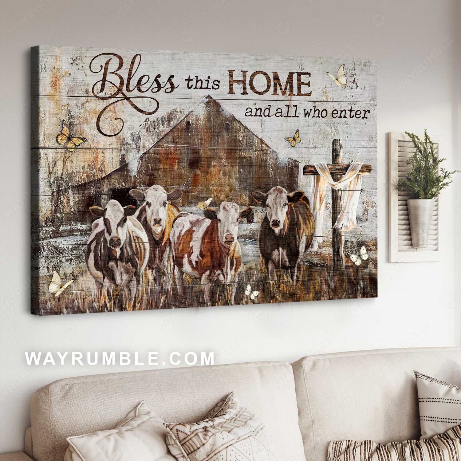 Dairy cow farm, Old house, Antique painting, Bless this home - Jesus Landscape Canvas Prints, Home Decor Wall Art