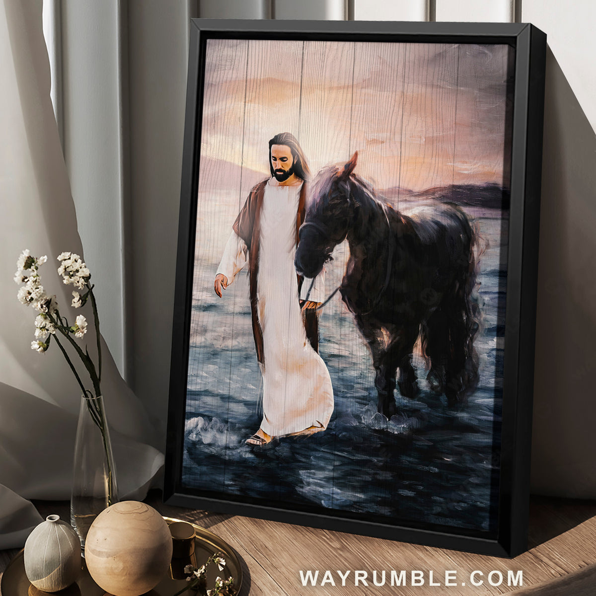 Walking with Jesus, Stunning black horse, Jesus walking on water - Jesus Portrait Canvas Prints, Home Decor Wall Art