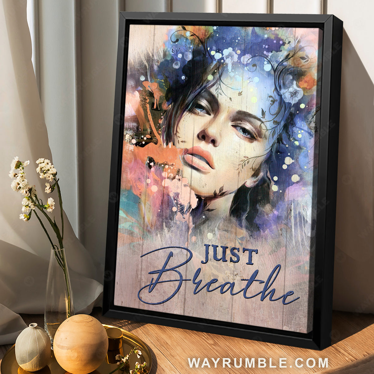 Beautiful face, Flower wreath, Colorful background, Just breathe - Jesus Portrait Canvas Prints, Christian Wall Art