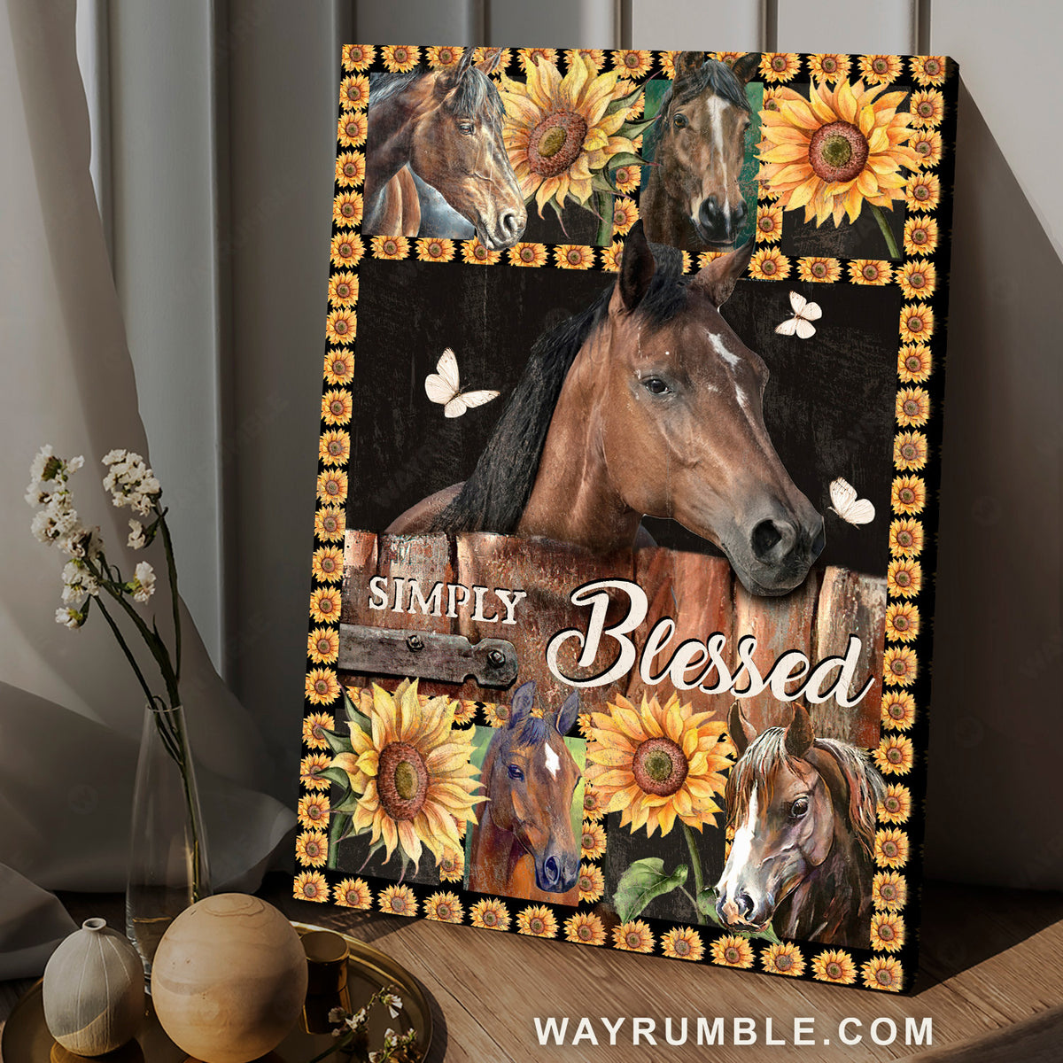 Sunflower background, Brown horse, Butterfly, Simply blessed - Jesus Portrait Canvas Prints, Christian Wall Art