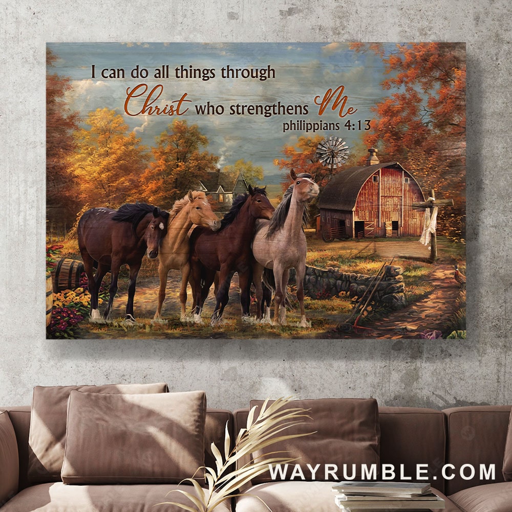 Running horses, Autumn forest, Blue sky, I can do all things through Christ who strengthens me - Jesus Landscape Canvas Prints, Christian Wall Art