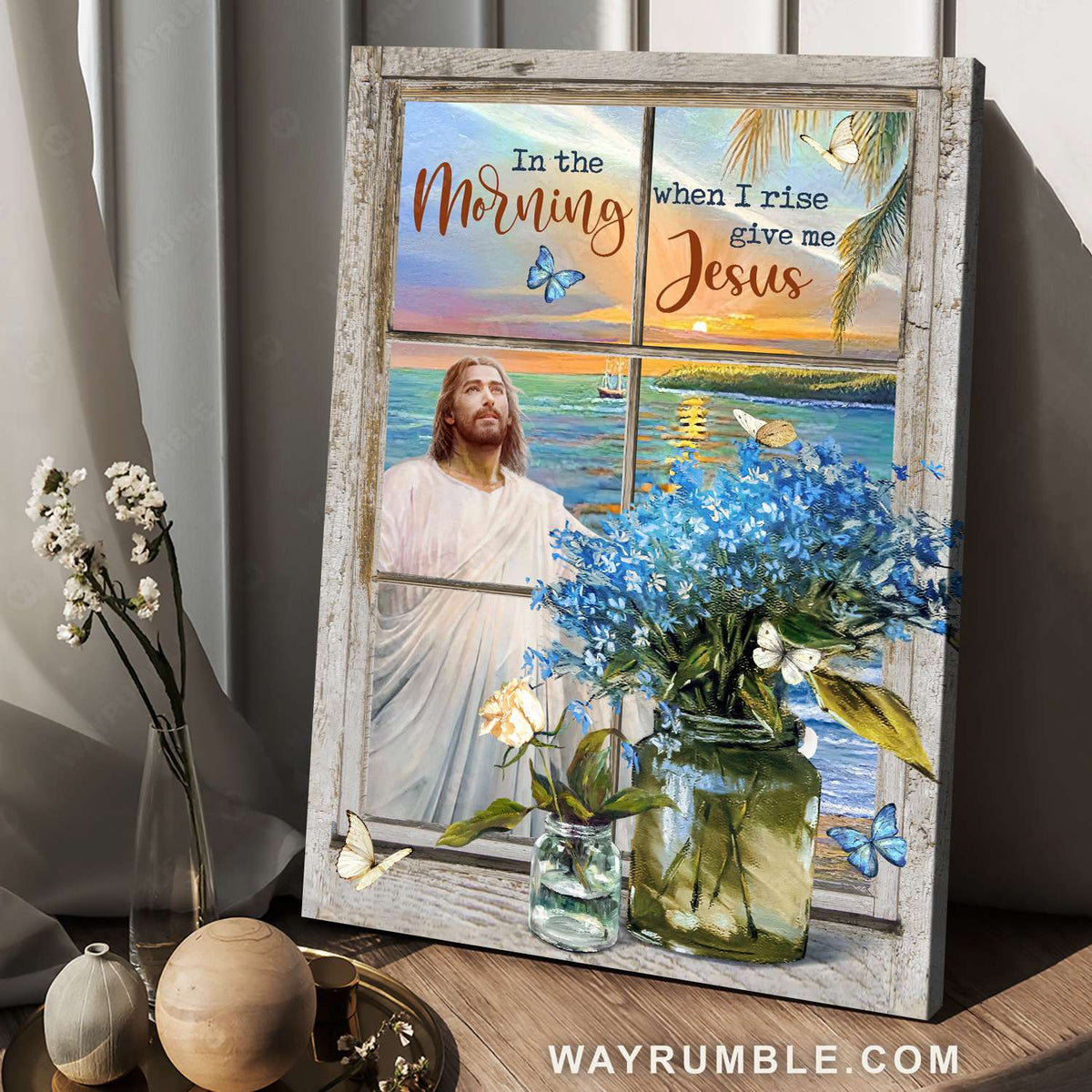 Jesus calls, Small blue flowers, Sunrise ocean, Give me Jesus - Jesus Portrait Canvas Prints, Christian Wall Art
