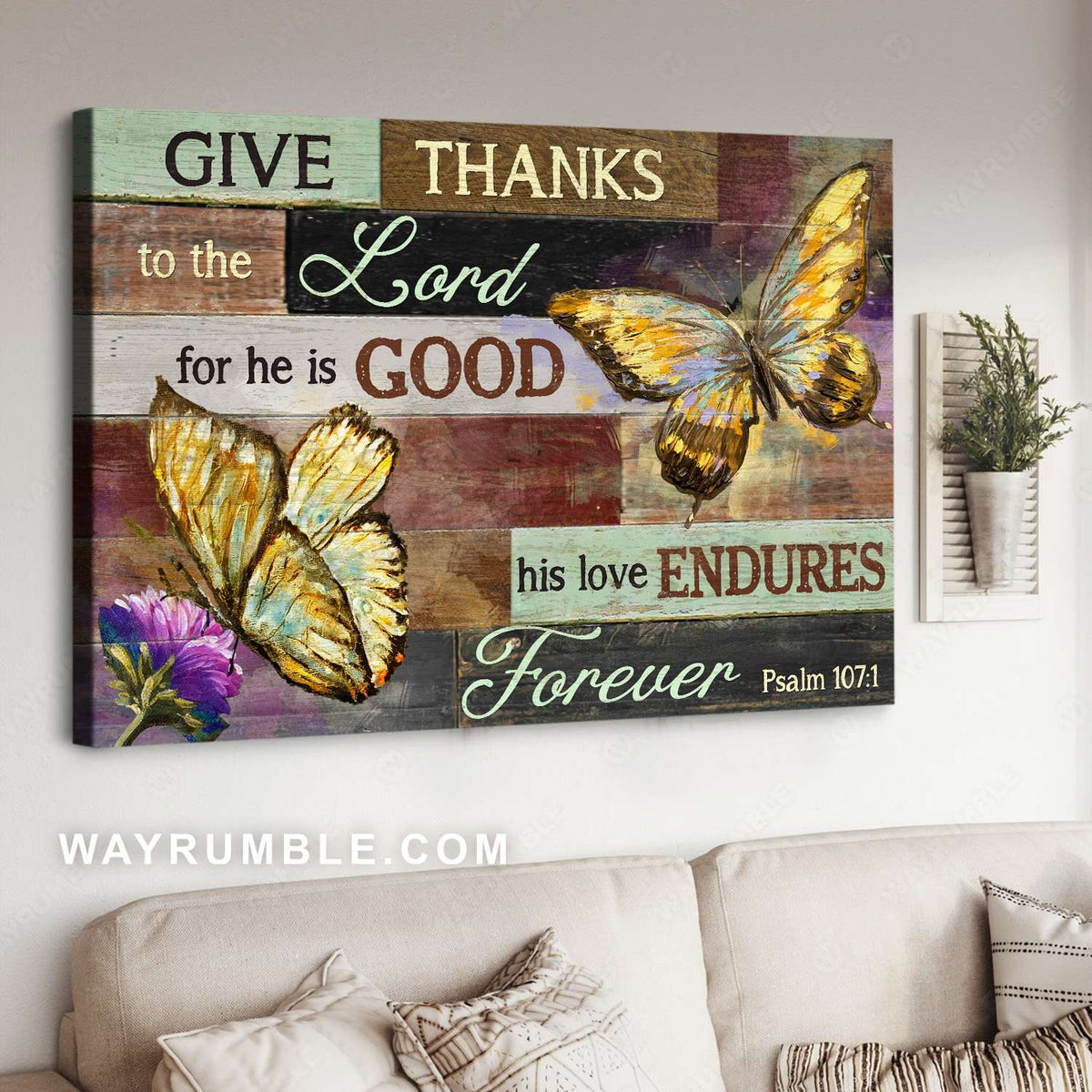 Yellow butterfly, Butterfly on flower, Give thanks to the Lord - Jesus Landscape Canvas Prints, Christian Wall Art