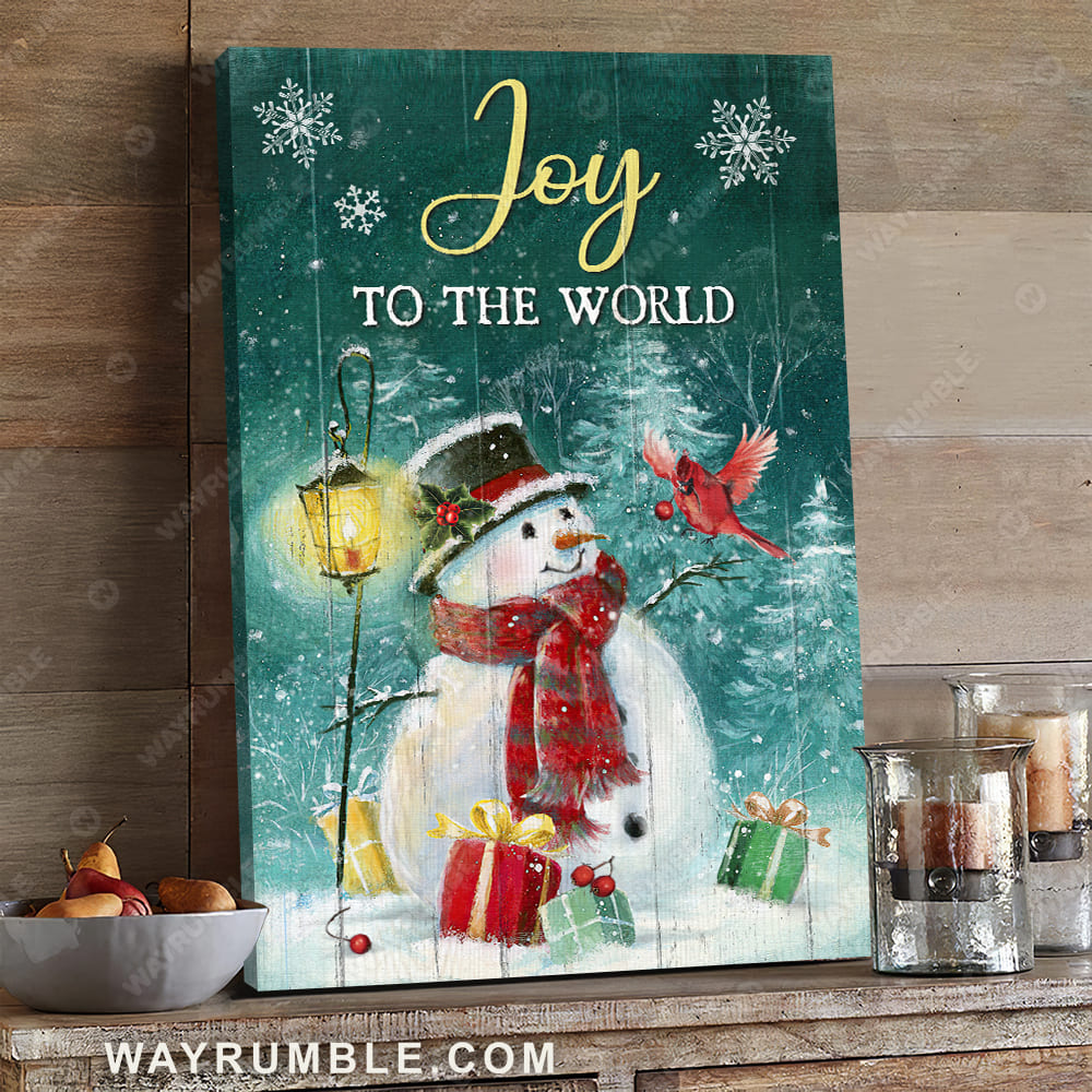 Cute snowman, Red cardinal, Christmas gift, White snowflake, Joy to the world - Jesus Portrait Canvas Prints, Wall Art