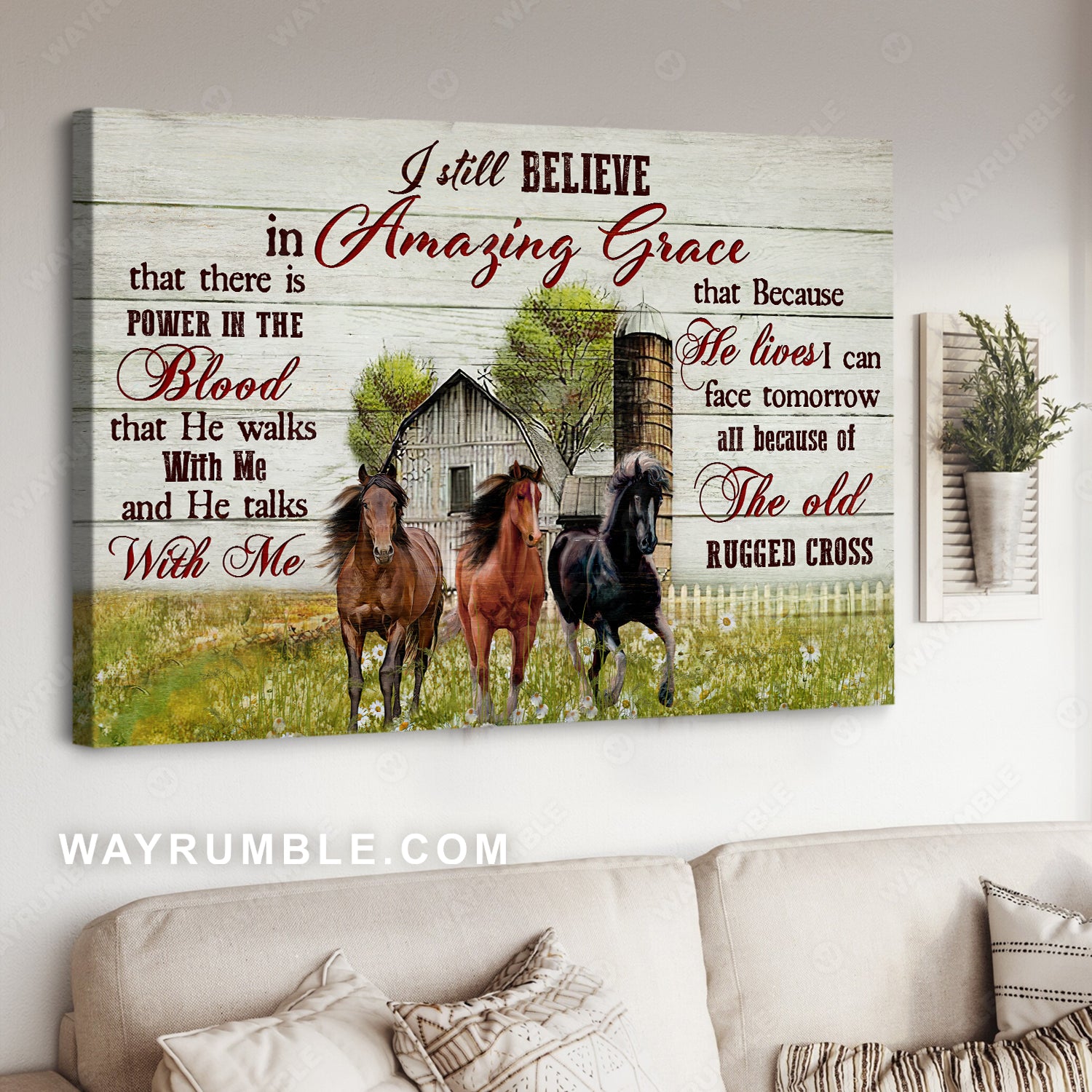 Green farm, Running horse, Daisy field, I still believe in amazing grace - Jesus Landscape Canvas Prints, Christian Wall Art