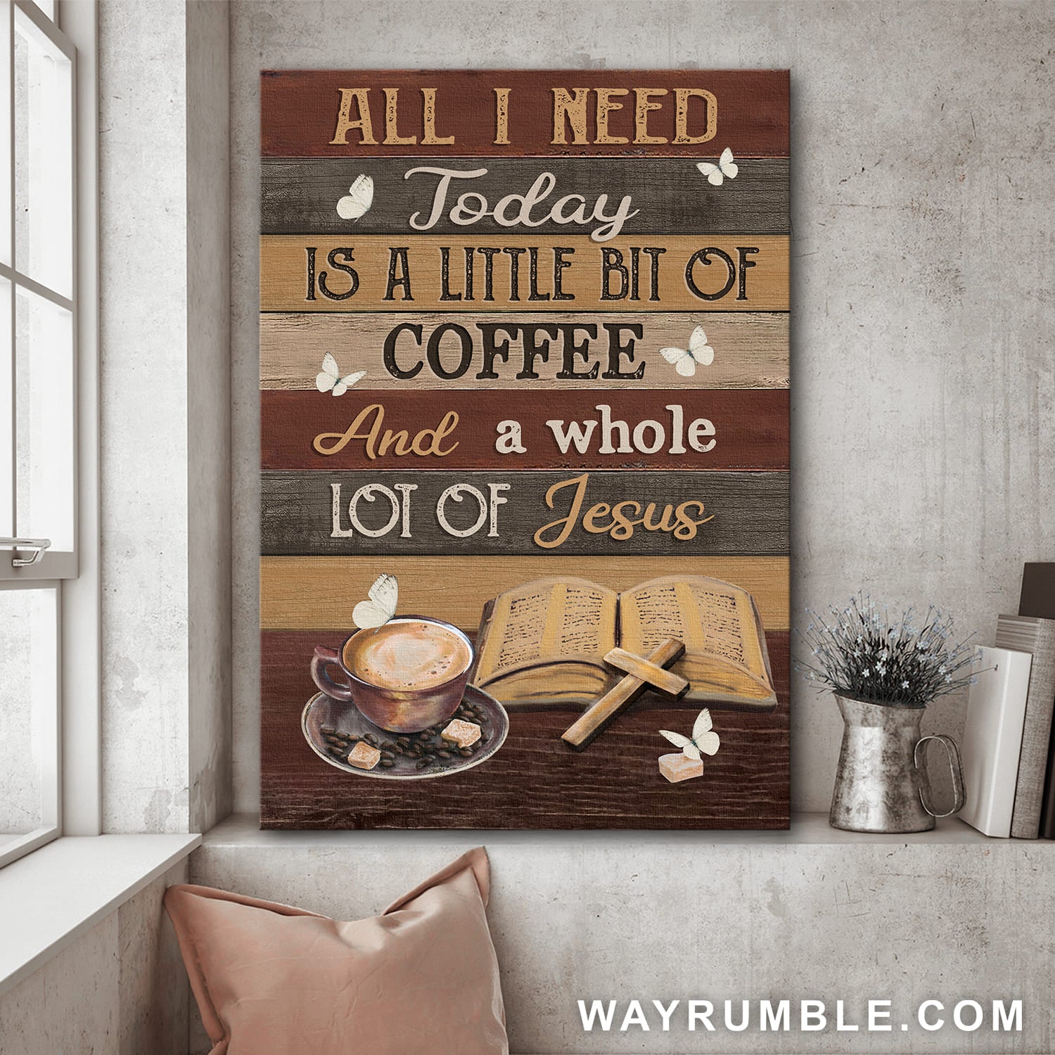 Book, Cup of Coffee, Cross, All I need today is a little bit of coffee - Jesus Portrait Canvas Prints, Wall Art