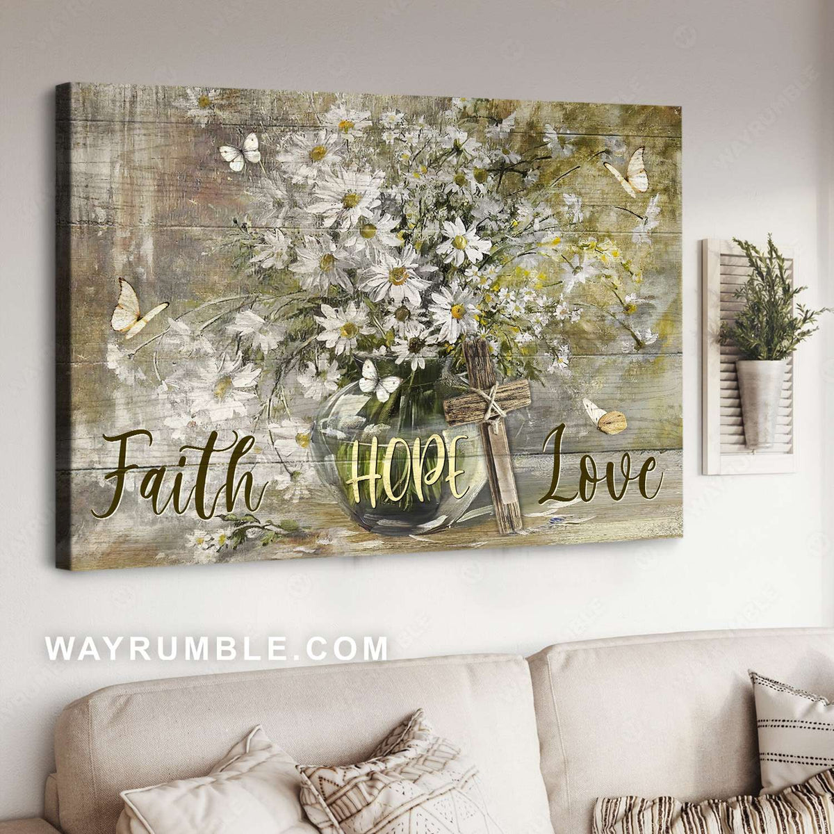 Daisy flower, Glass vase, Jesus cross, Faith hope love - Jesus Landscape Canvas Prints, Christian Wall Art