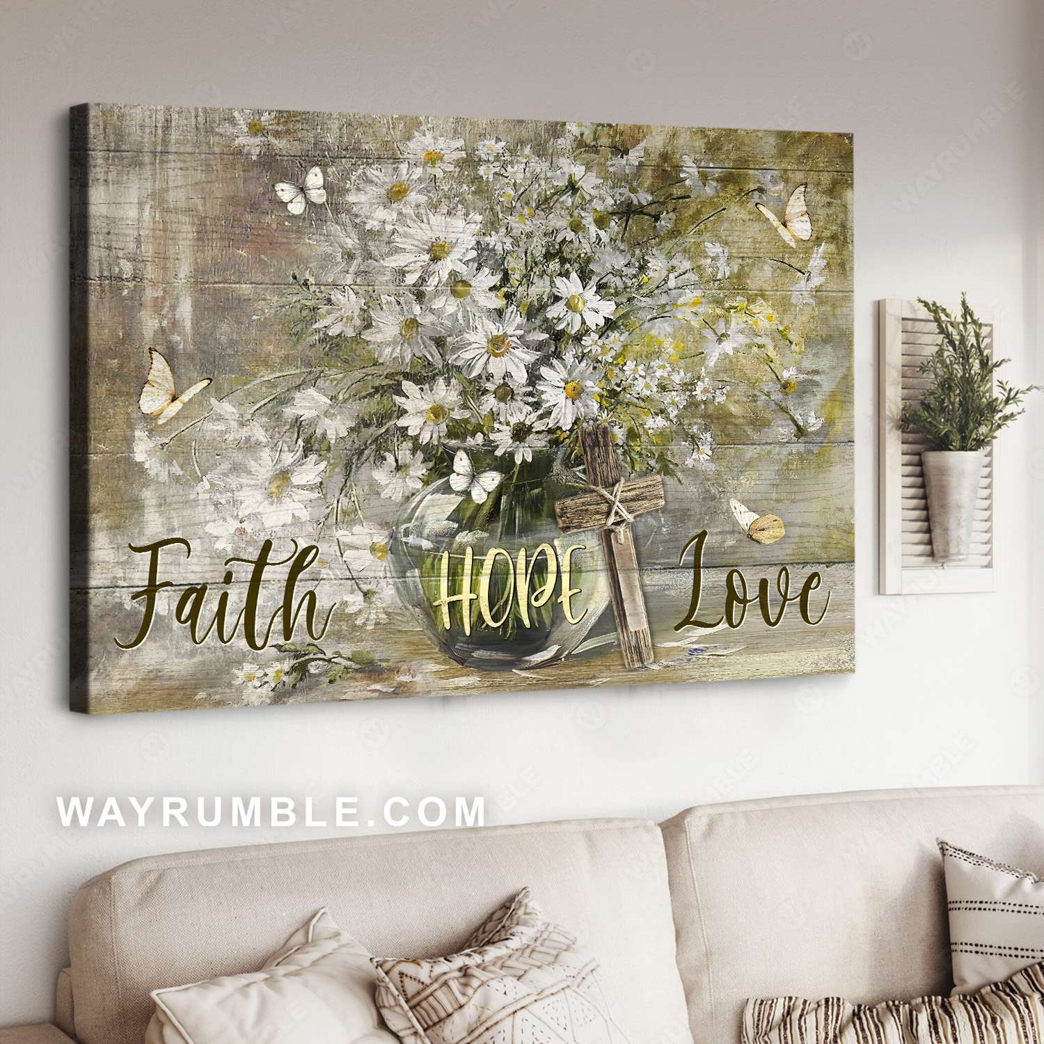 Daisy flower, Glass vase, Jesus cross, Faith hope love - Jesus Landscape Canvas Prints, Christian Wall Art