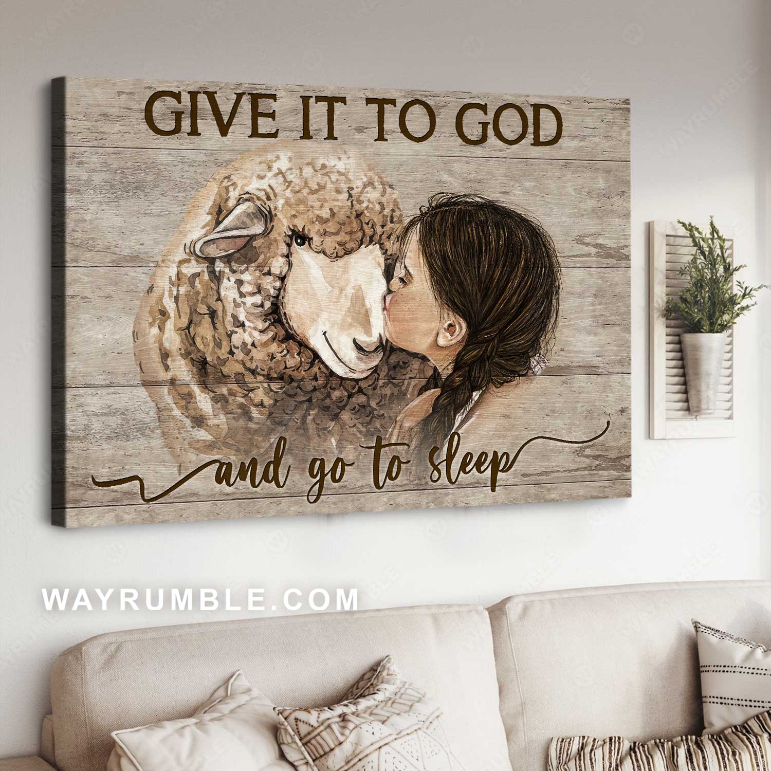 Little girl, Lovely lamb painting, Give it to God and go to sleep - Jesus Landscape Canvas Prints, Home Decor Wall Art