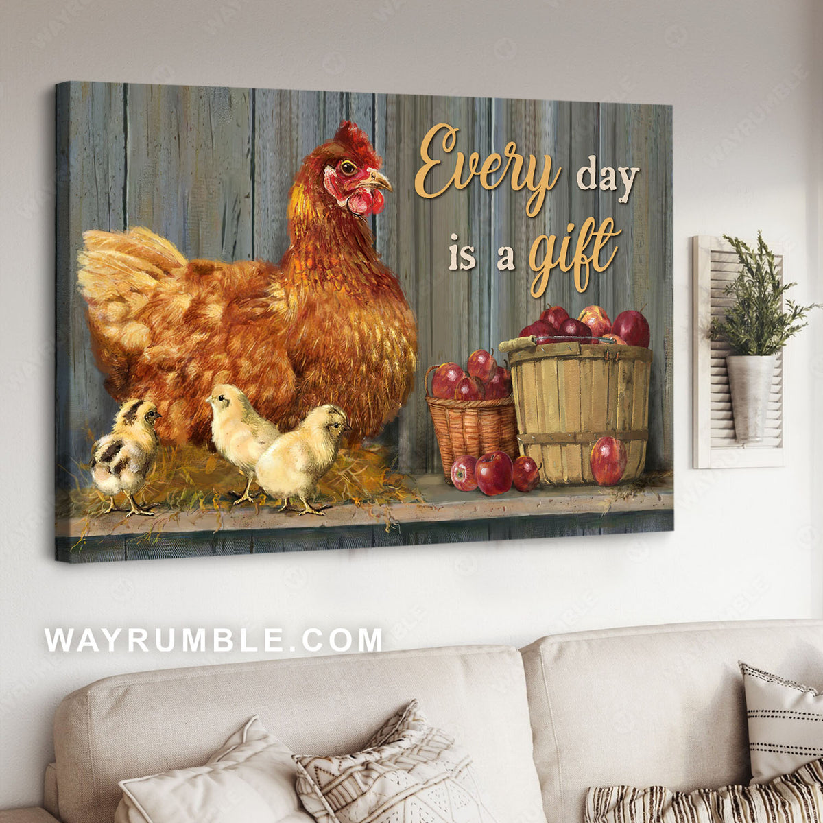 Hen mother, Fluffy chicks, Apple basket, Every day is a gift - Jesus Landscape Canvas Prints, Christian Wall Art
