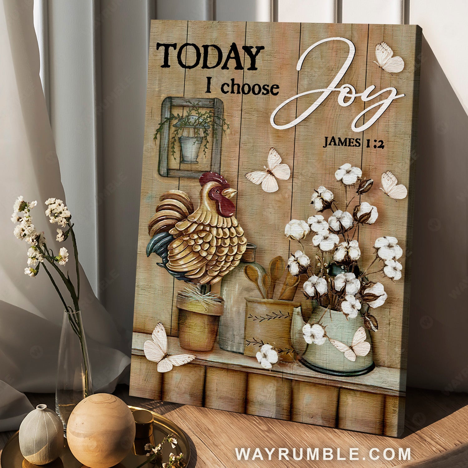Unique rooster, Cotton flower, White butterfly, Today I choose joy - Jesus Portrait Canvas Prints, Christian Wall Art