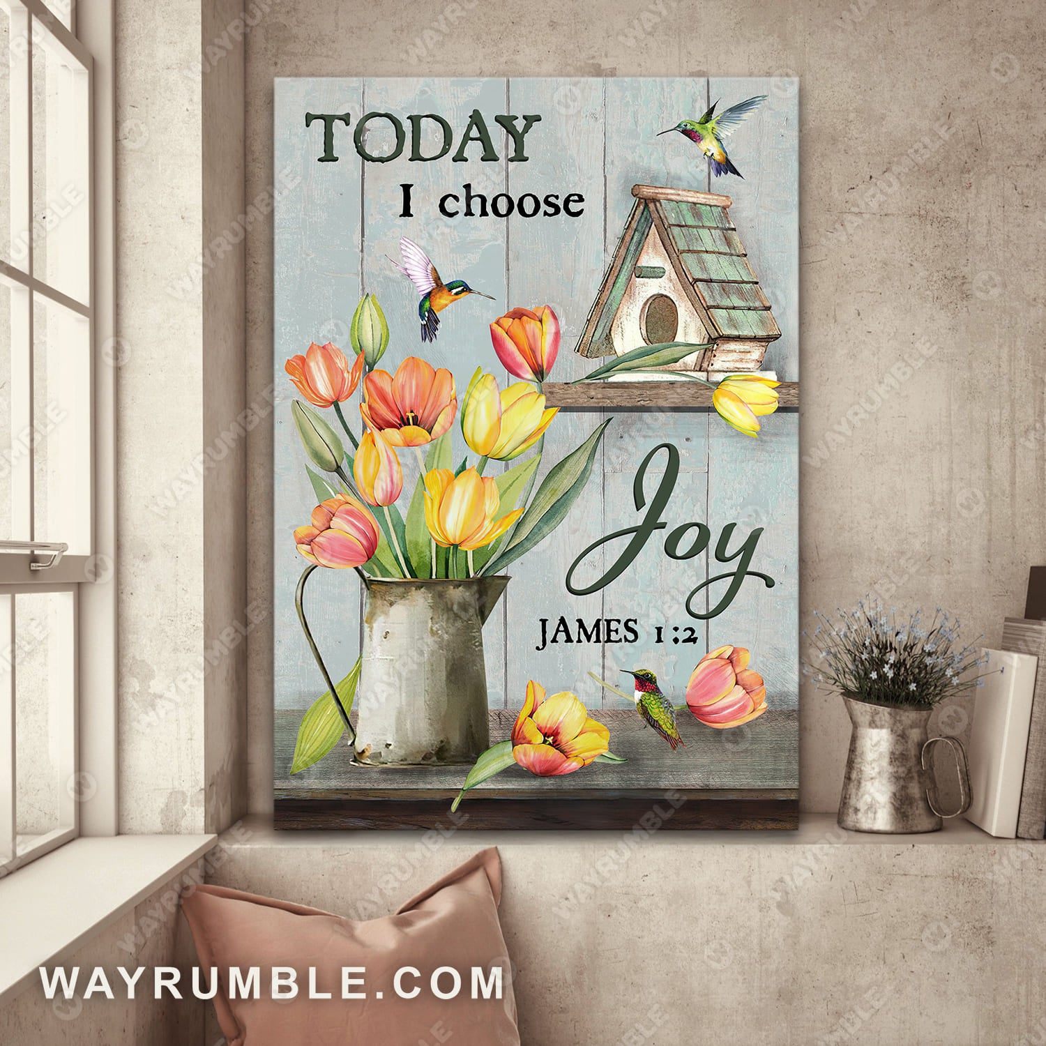 Brilliant tulip drawing, Wooden bird house, Colorful hummingbird, Today I choose joy - Jesus Portrait Canvas Prints, Wall Art