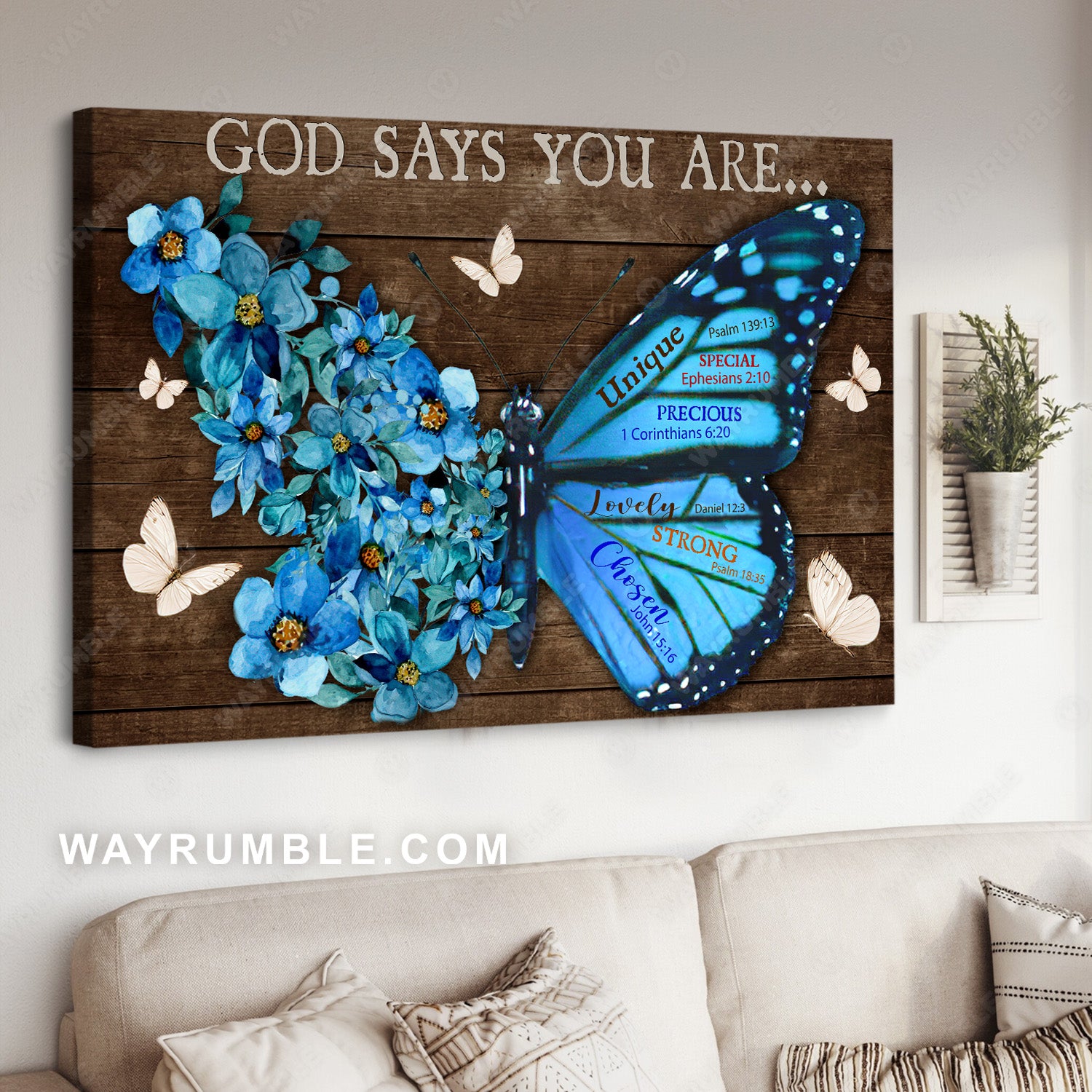 Unique butterfly, Blue flower garden, God says you are unique - Jesus Landscape Canvas Prints, Christian Wall Art
