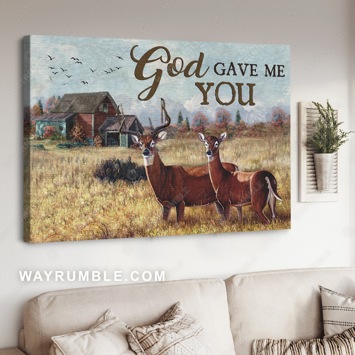 Watercolor deer, Rice field, Vintage house, God gave me you - Jesus Landscape Canvas Prints, Christian Wall Art