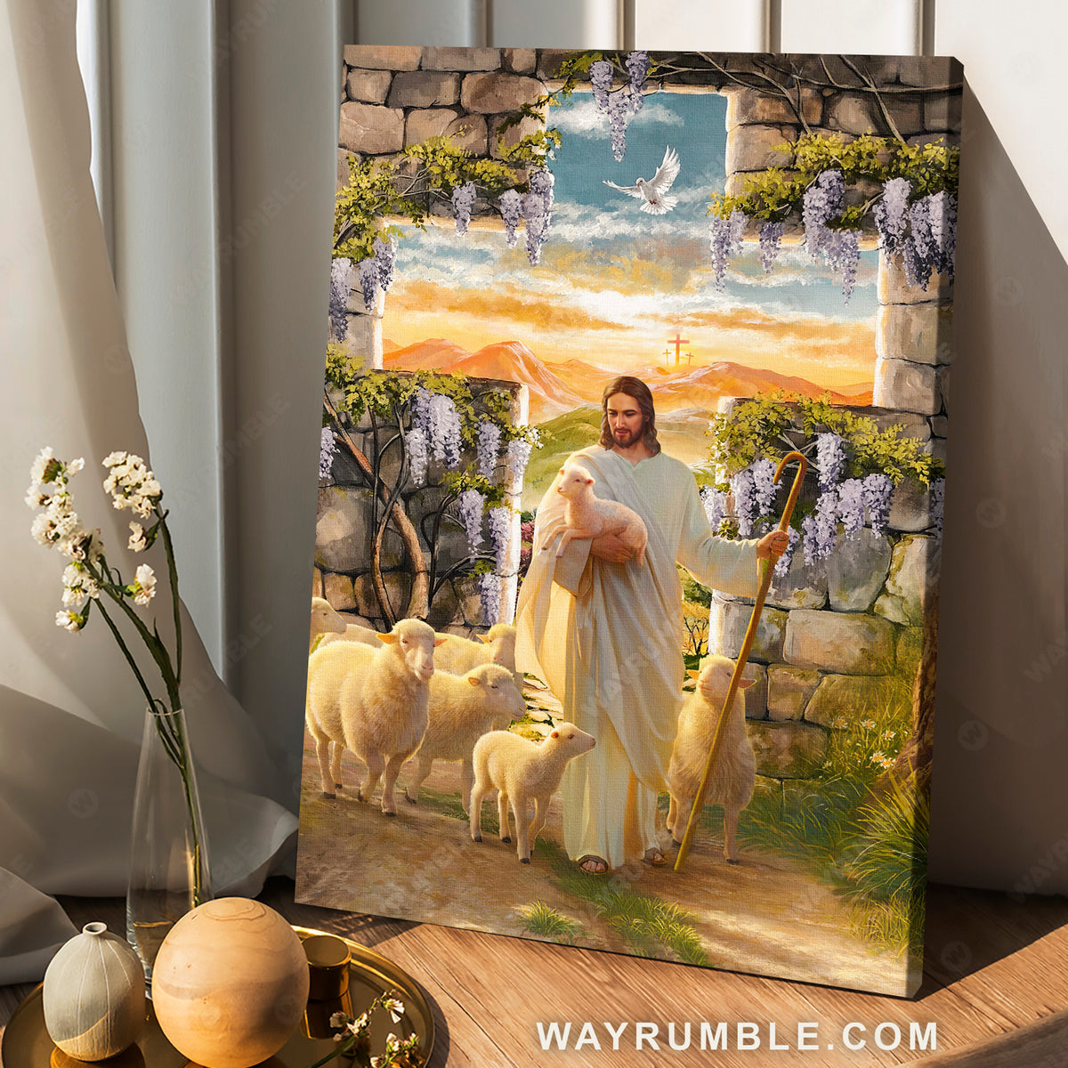 Jesus the good shepherd, Lambs of God, Purple wisteria, Heaven sky - Jesus Portrait Canvas Prints, Christian Wall Art