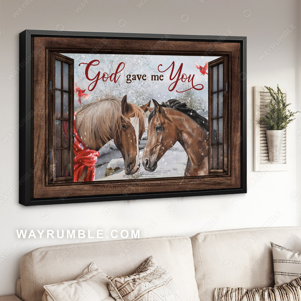 Brown horse, Xmas painting, Red cardinal, God gave me you - Jesus Landscape Canvas Prints, Home Decor Wall Art