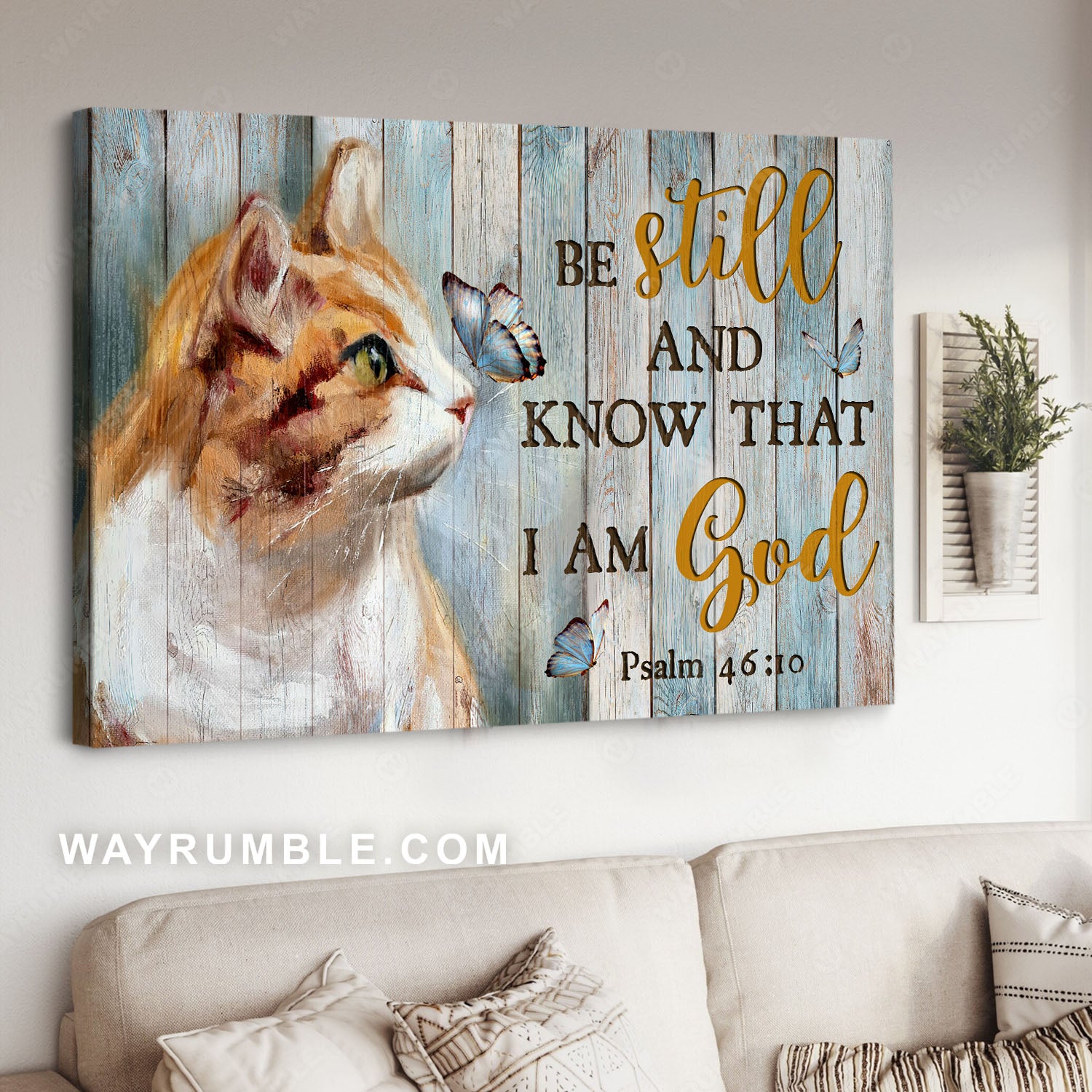Cute cat, Blue butterfly, Be still I am God - Jesus Landscape Canvas Prints, Christian Wall Art