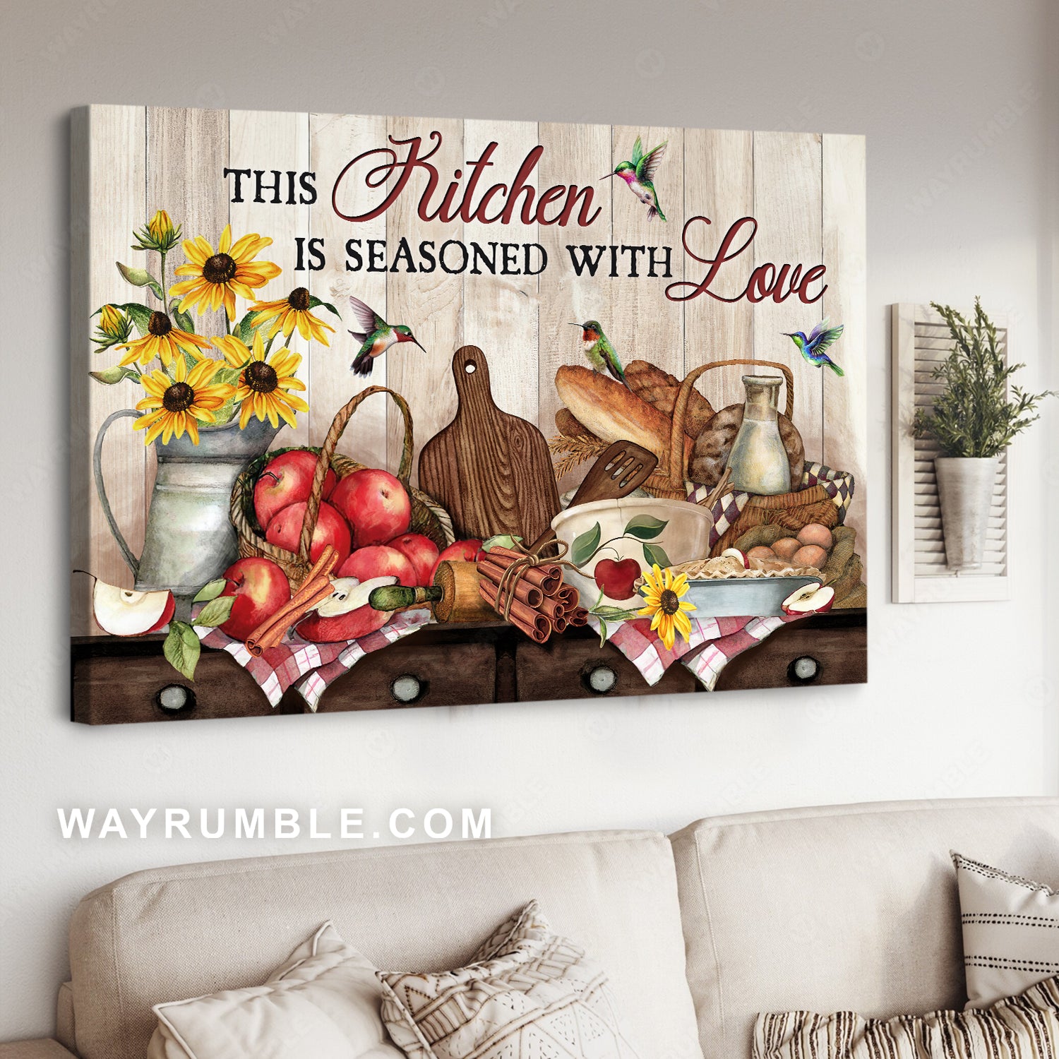 Cooking stuff, French baguette, Apple basket, This kitchen is seasoned with love - Jesus Landscape Canvas Prints, Christian Wall Art