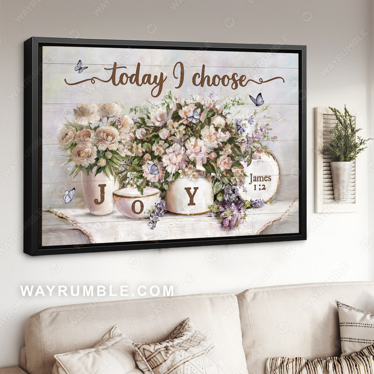 Pastel flower vase, Purple butterfly, Today I choose joy - Jesus Landscape Canvas Prints, Christian Wall Art