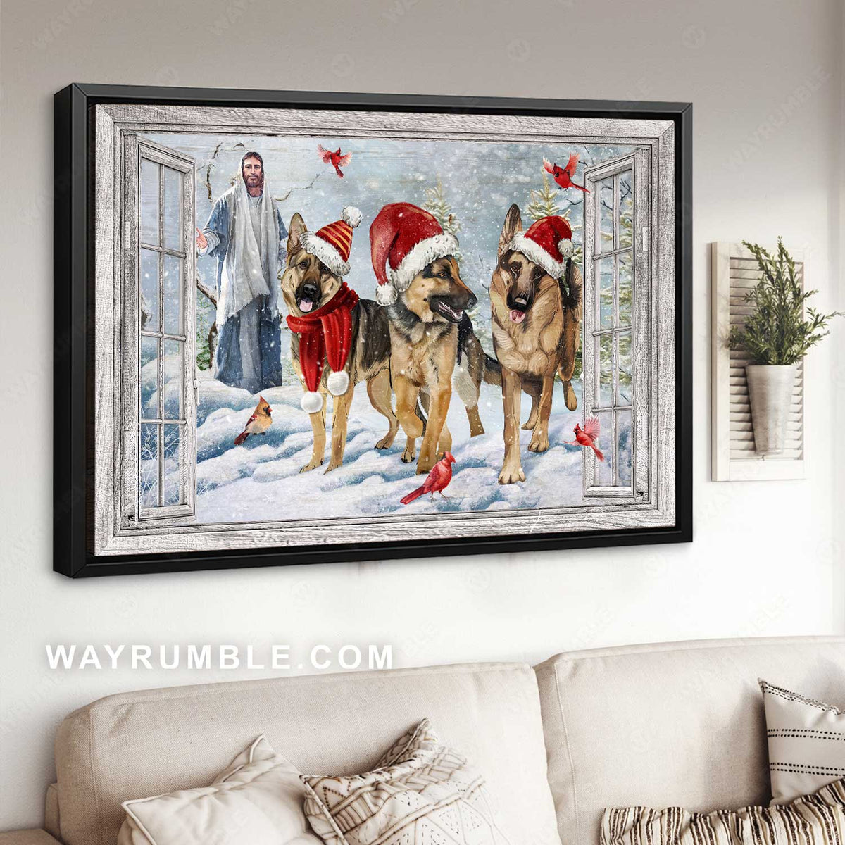 Christmas hat, German Shepherd dogs, Jesus painting, Home Decoration - Jesus Landscape Canvas Prints, Home Decor Wall Art