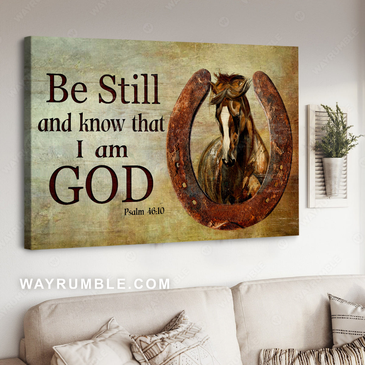 Horseshoe, Horse painting, The amazing brown horse, Be still and know that I am God - Jesus Landscape Canvas Prints, Christian Wall Art