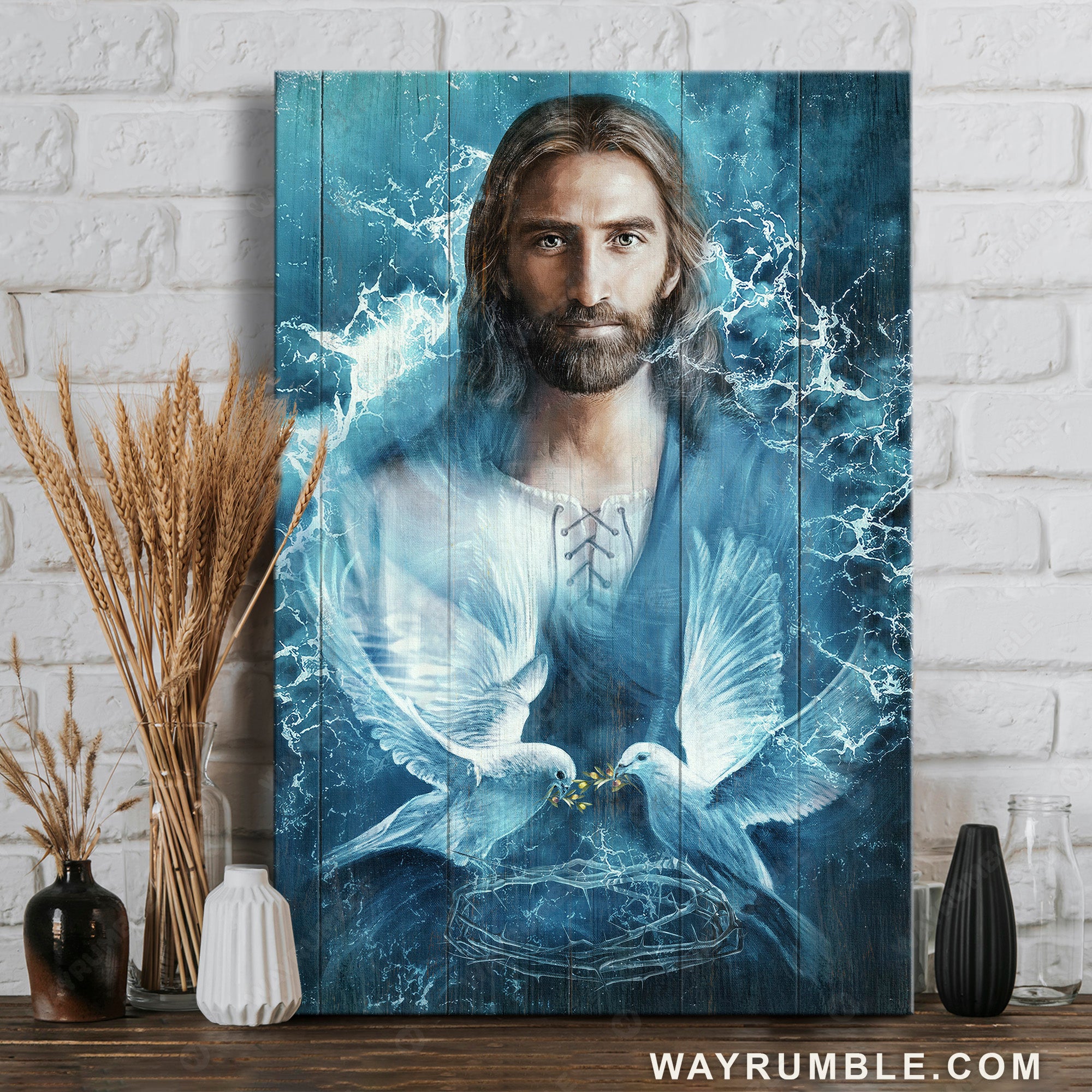 Jesus painting, Bird couple, Blue water - Jesus Portrait Canvas Prints, Christian Wall Art