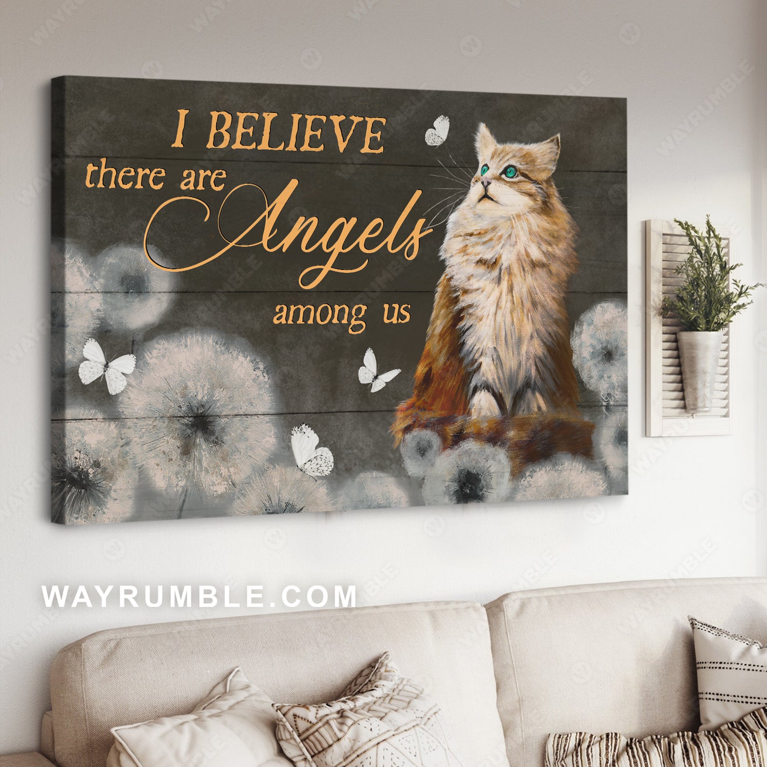 Brown cat, Dandelion drawing, Butterfly, I believe there are angels among us - Jesus Landscape Canvas Prints, Christian Wall Art