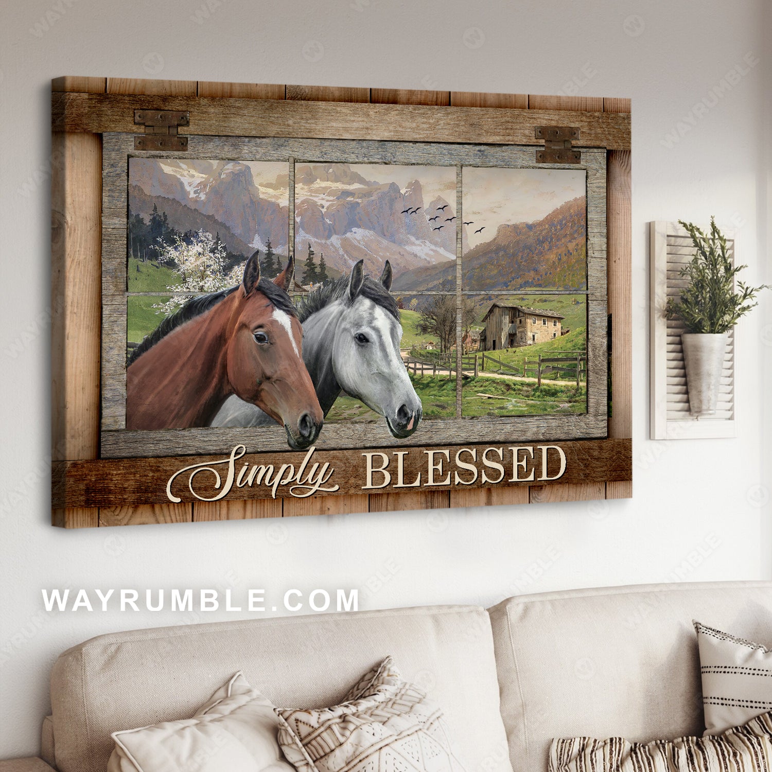 Horse drawing, Green meadow land, Countryside painting, Simply blessed - Jesus Landscape Canvas Prints, Christian Wall Art