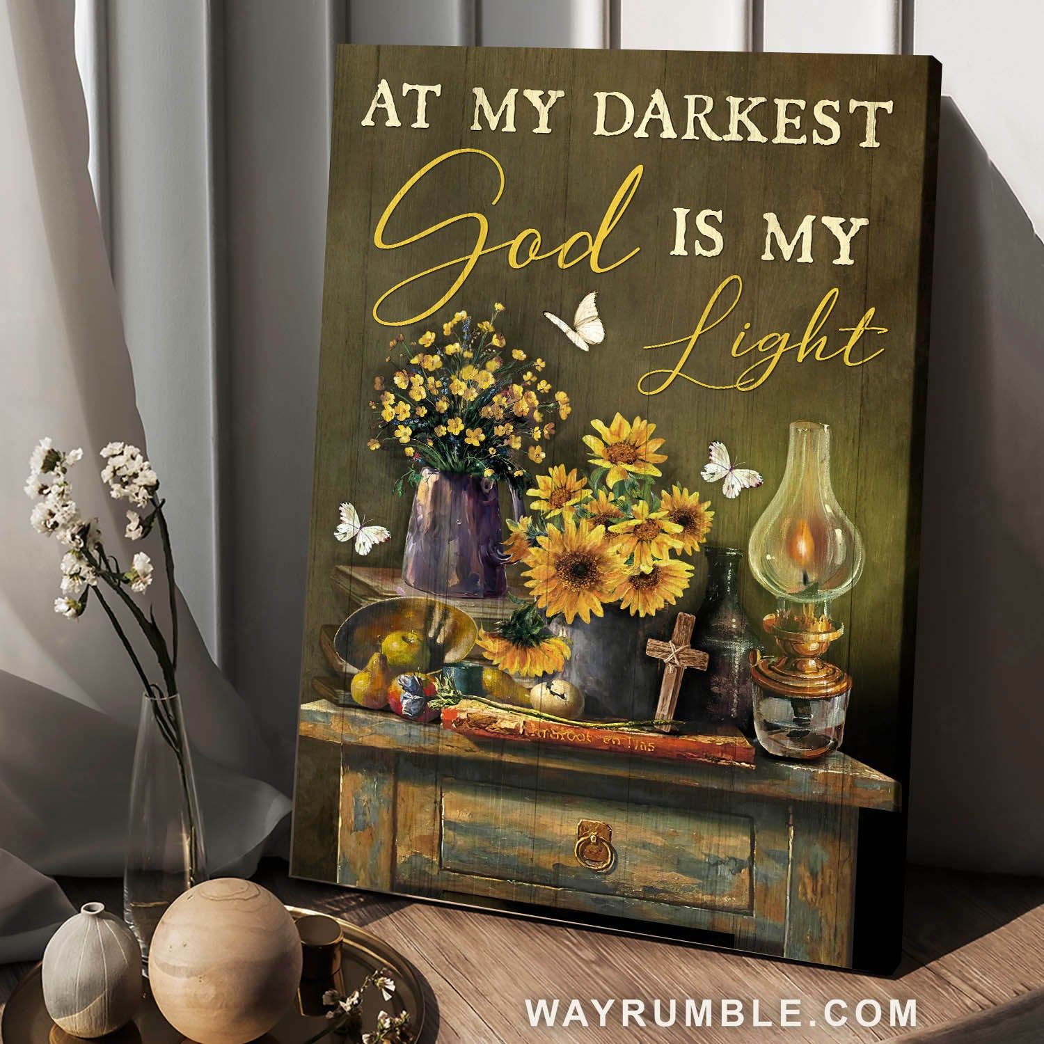 Sunflower vase, Oil lamp, Kitchen painting, At my darkest, God is my light - Jesus Portrait Canvas Prints, Christian Wall Art