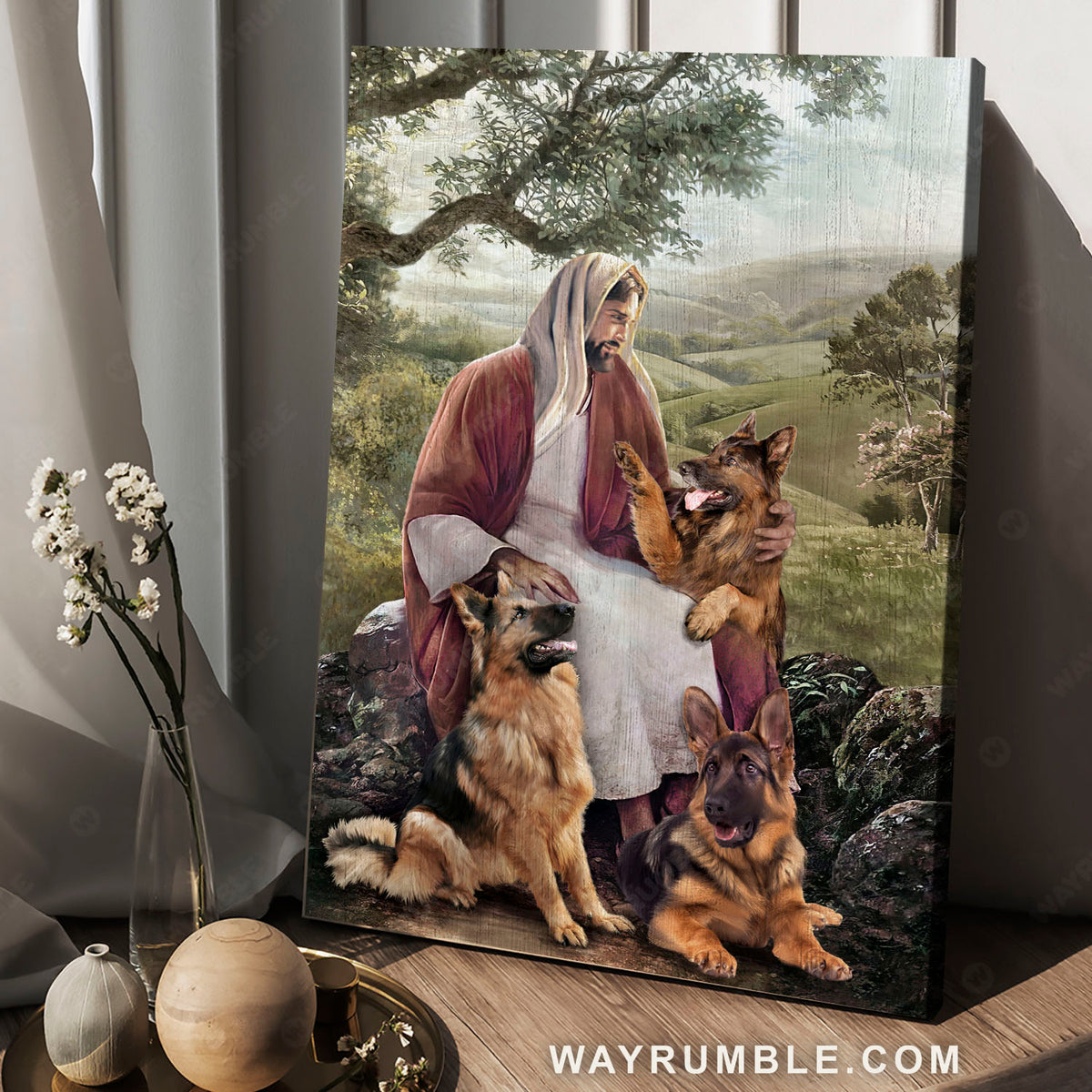 Jesus painting, German shepherd, Green landscape - Jesus Portrait Canvas Prints, Christian Wall Art