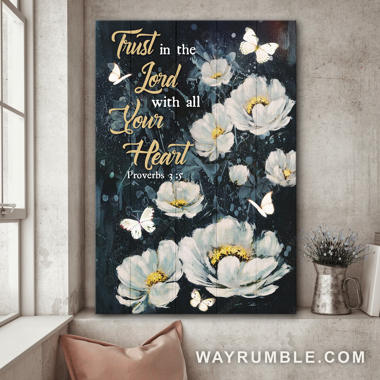 Watercolor white flower, Pretty butterfly, Trust in the Lord with all your heart - Jesus Portrait Canvas Prints, Home Decor Wall Art