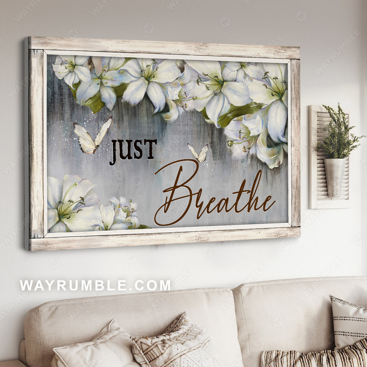 Lily flower frame, White butterfly, Vintage painting, Just breathe - Jesus Landscape Canvas Prints, Christian Wall Art